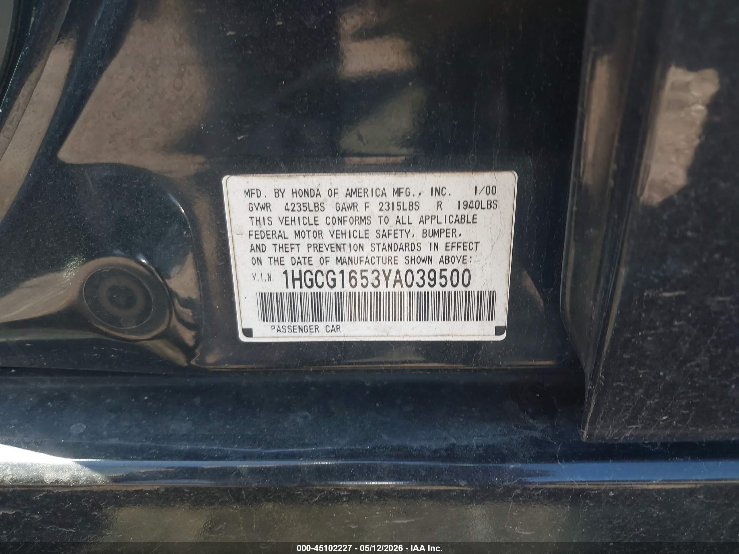 2000 Honda Accord 3.0 Ex Black vin: 1HGCG1653YA039500