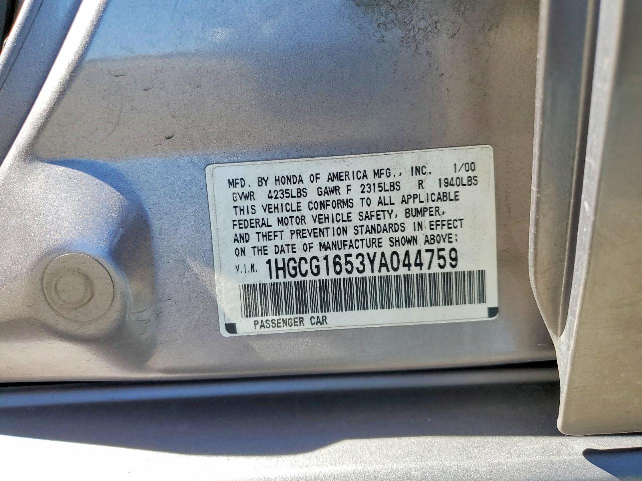 2000 Honda Accord Ex Silver vin: 1HGCG1653YA044759