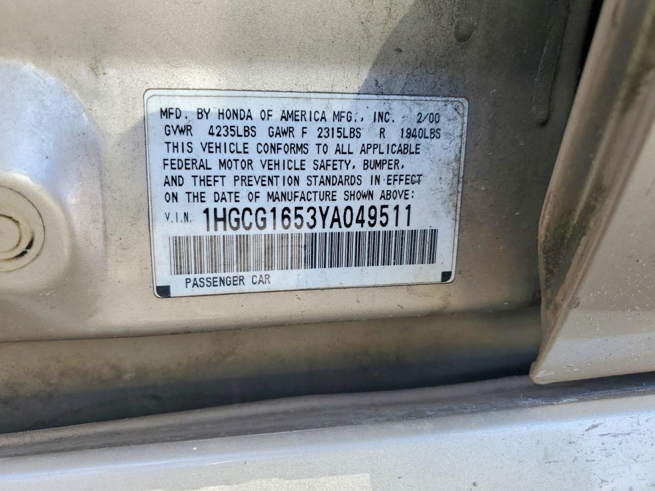 2000 Honda Accord Ex Gold vin: 1HGCG1653YA049511