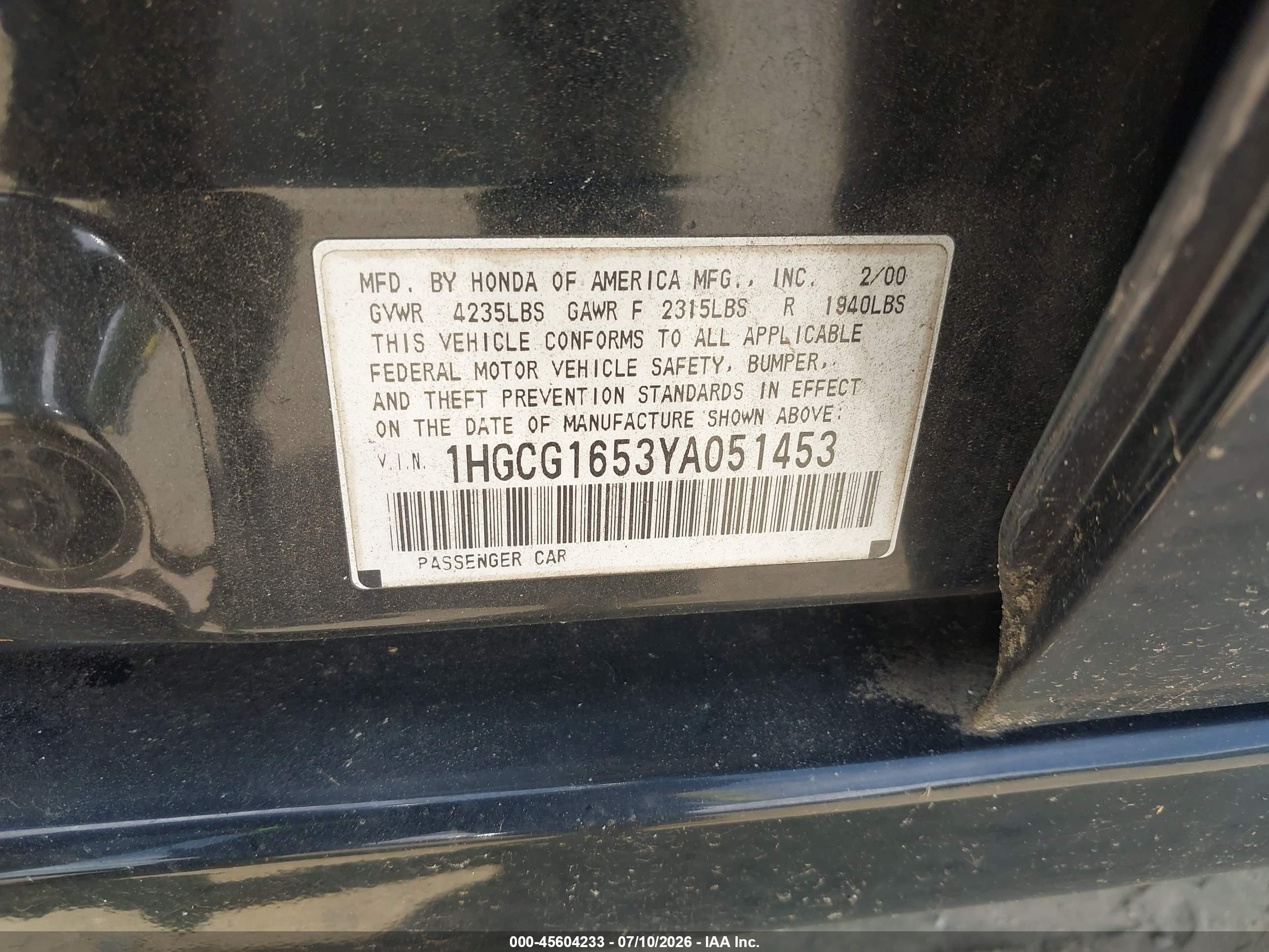 2000 Honda Accord 3.0 Ex Black vin: 1HGCG1653YA051453