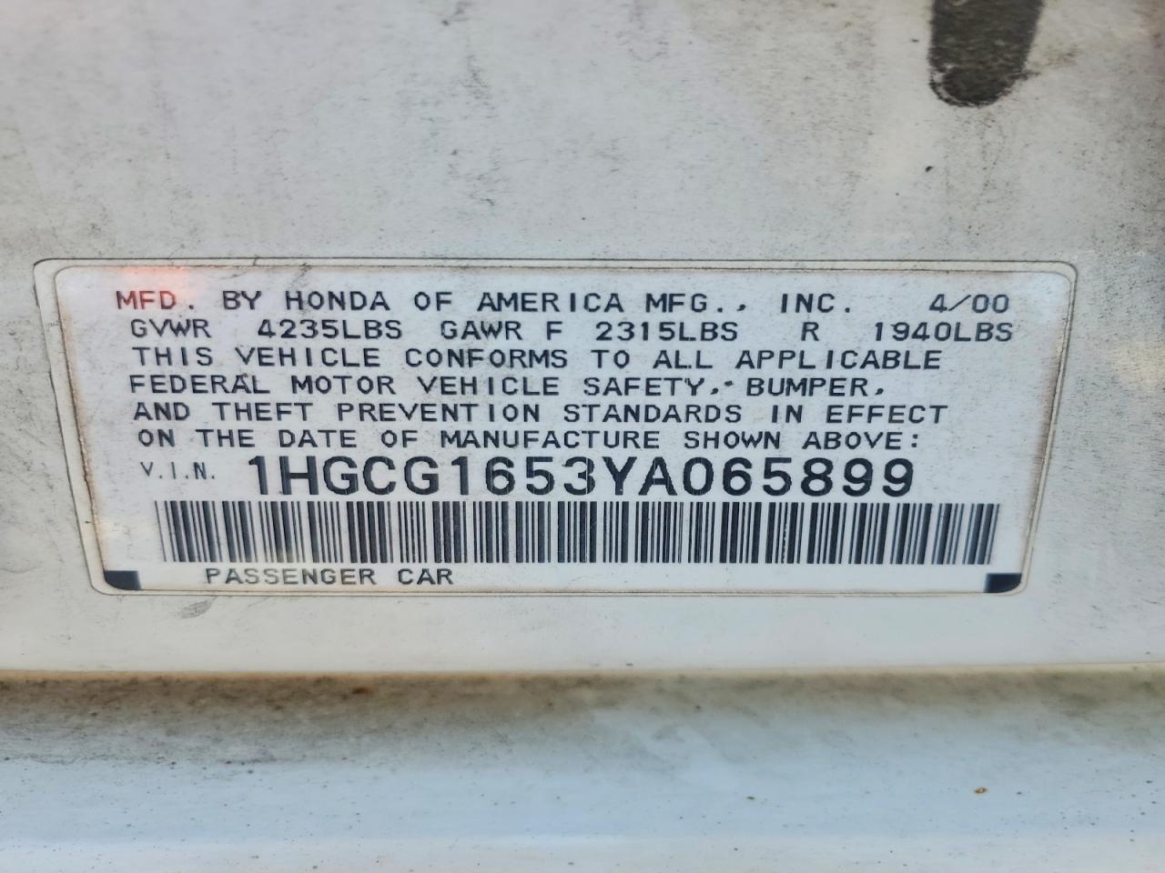 2000 Honda Accord Ex White vin: 1HGCG1653YA065899
