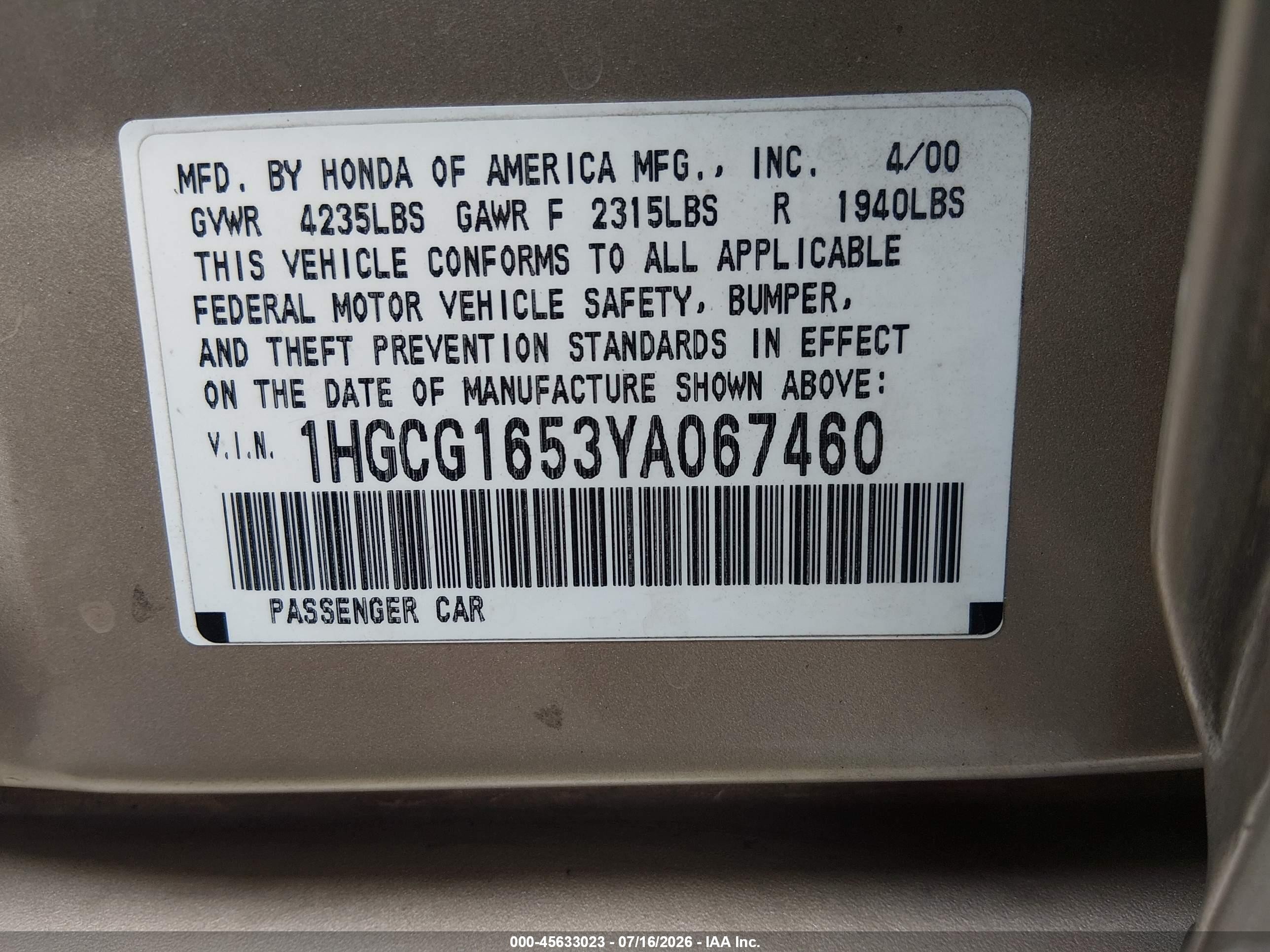 2000 Honda Accord 3.0 Ex Gold vin: 1HGCG1653YA067460