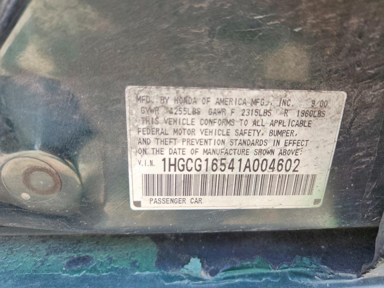 2001 Honda Accord Ex Green vin: 1HGCG16541A004602