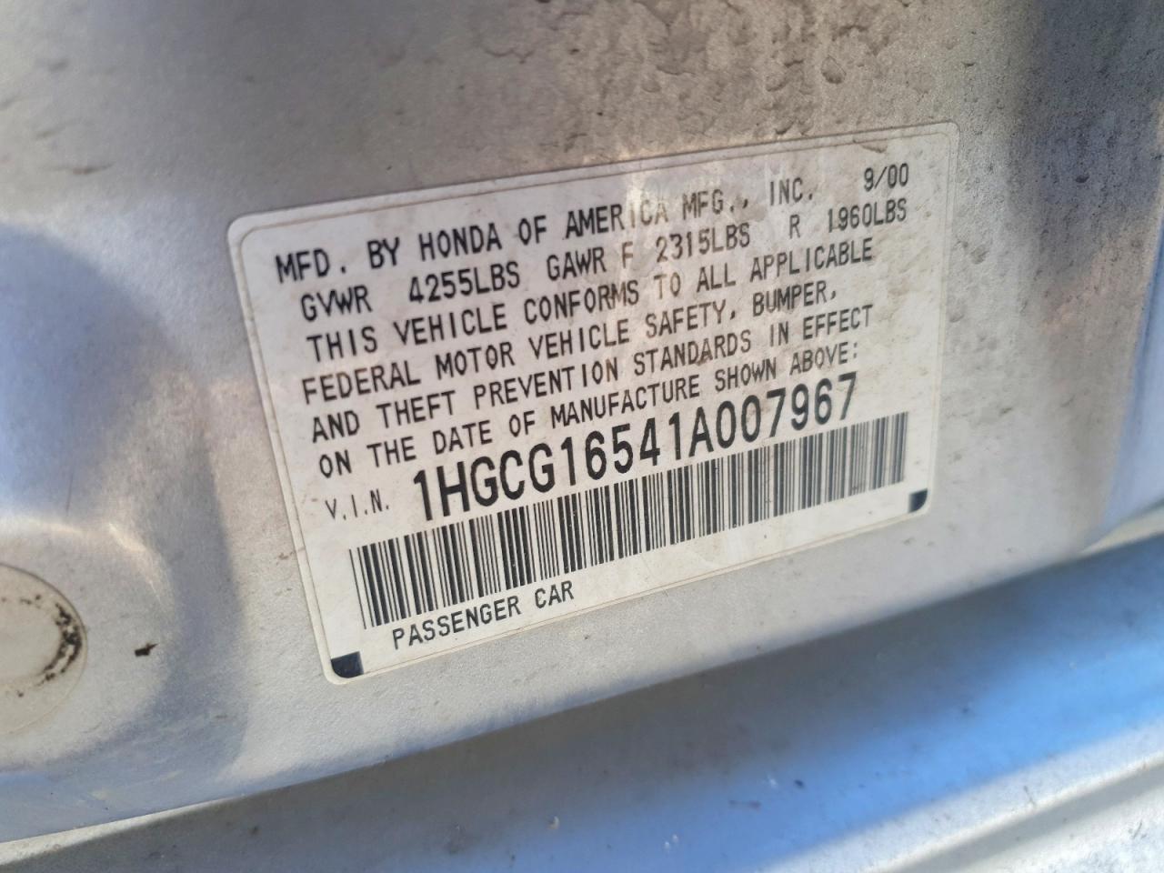 2001 Honda Accord Ex Silver vin: 1HGCG16541A007967