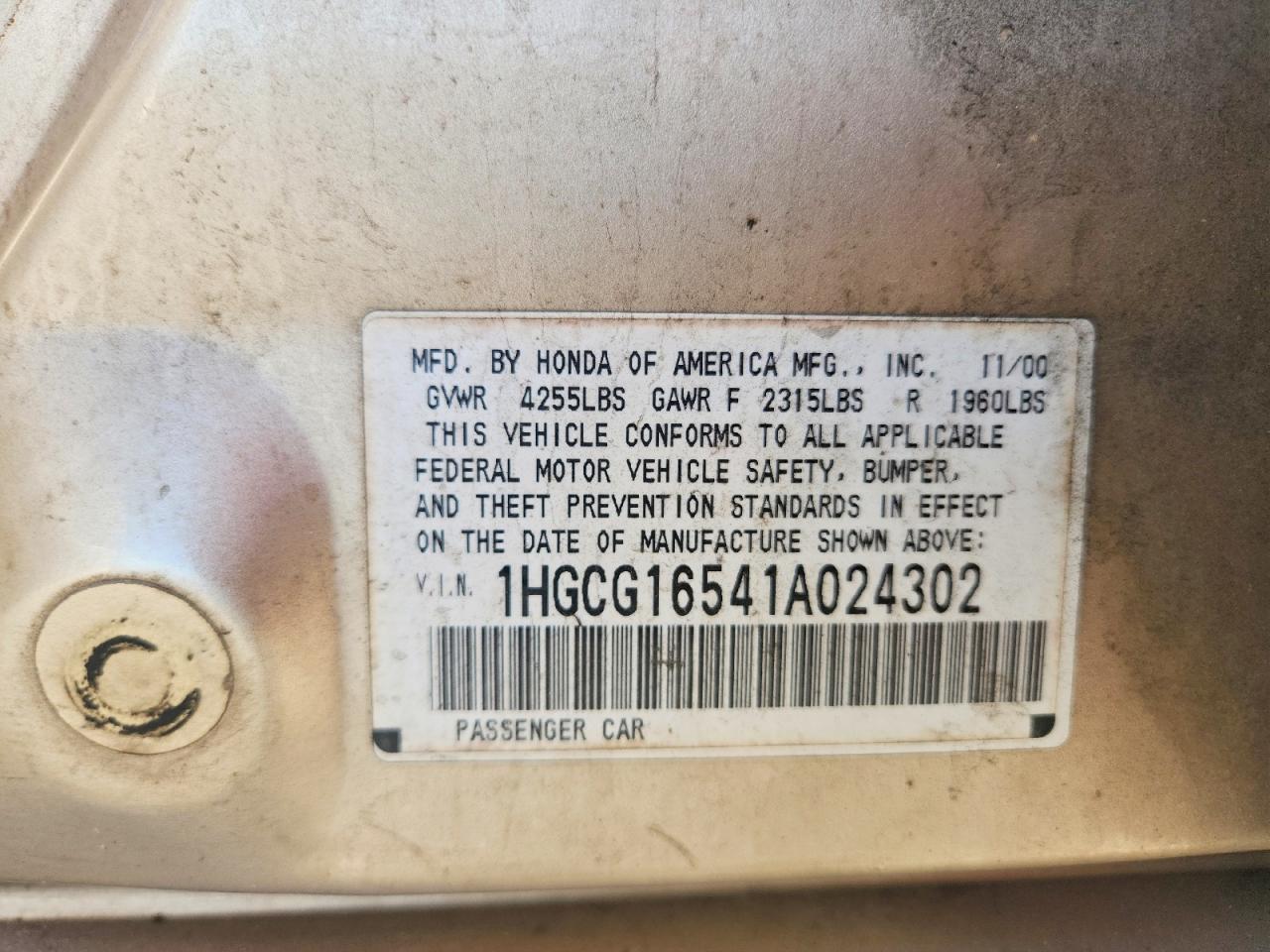 2001 Honda Accord Ex Tan vin: 1HGCG16541A024302