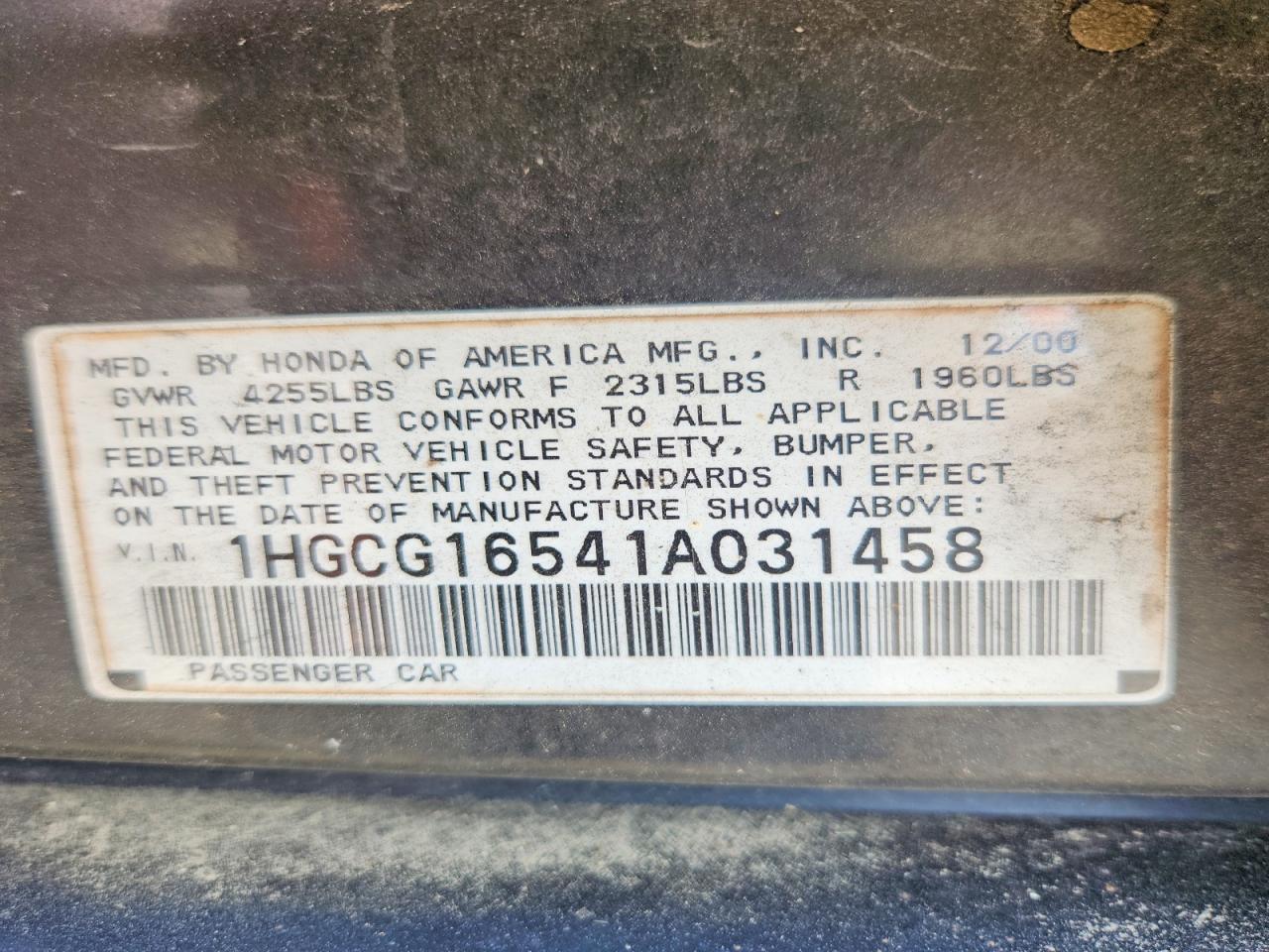 2001 Honda Accord Ex Black vin: 1HGCG16541A031458