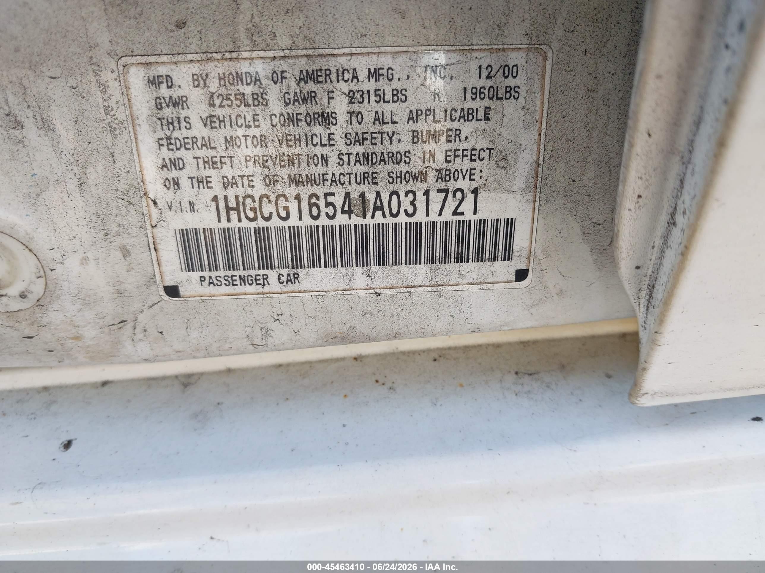 2001 Honda Accord 3.0 Ex White vin: 1HGCG16541A031721