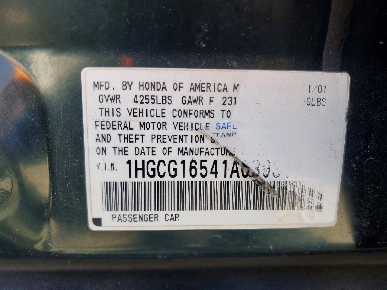 2001 Honda Accord Ex Green vin: 1HGCG16541A039317