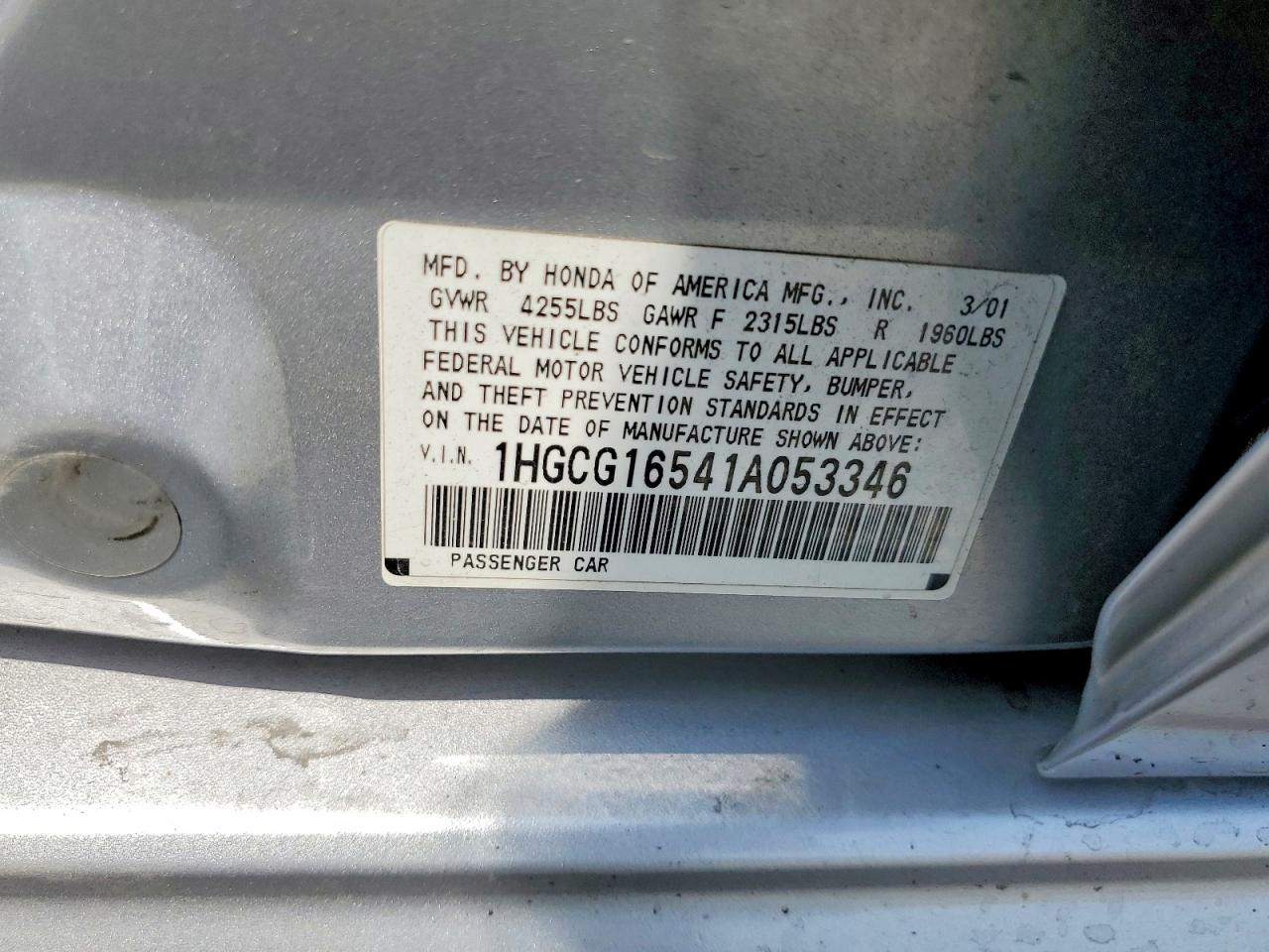 2001 Honda Accord Ex Silver vin: 1HGCG16541A053346