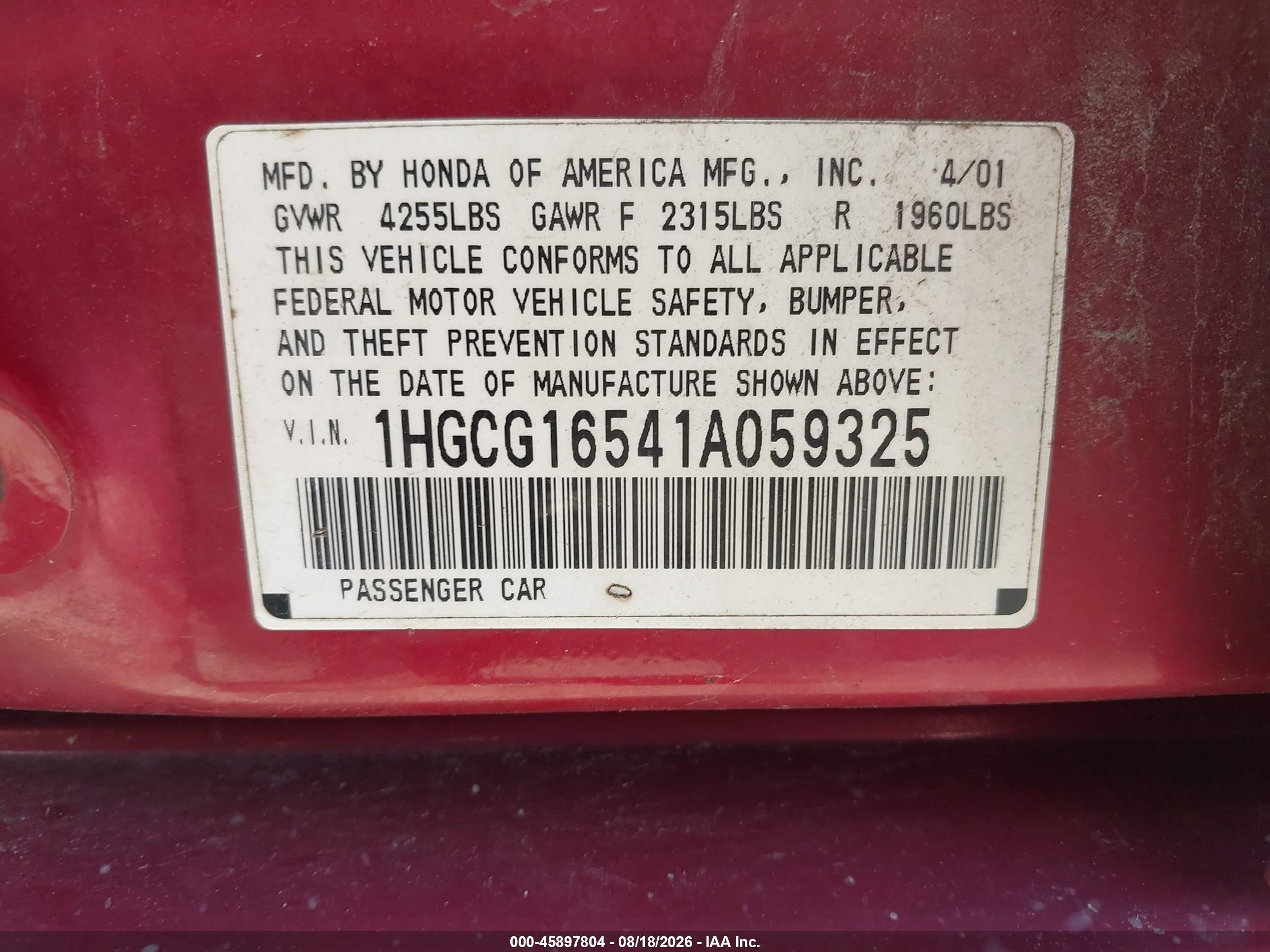 2001 Honda Accord 3.0 Ex Red vin: 1HGCG16541A059325