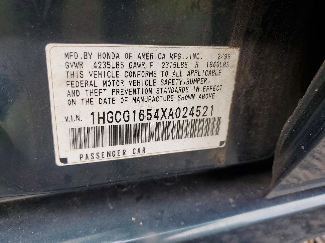 1999 Honda Accord Ex Green vin: 1HGCG1654XA024521