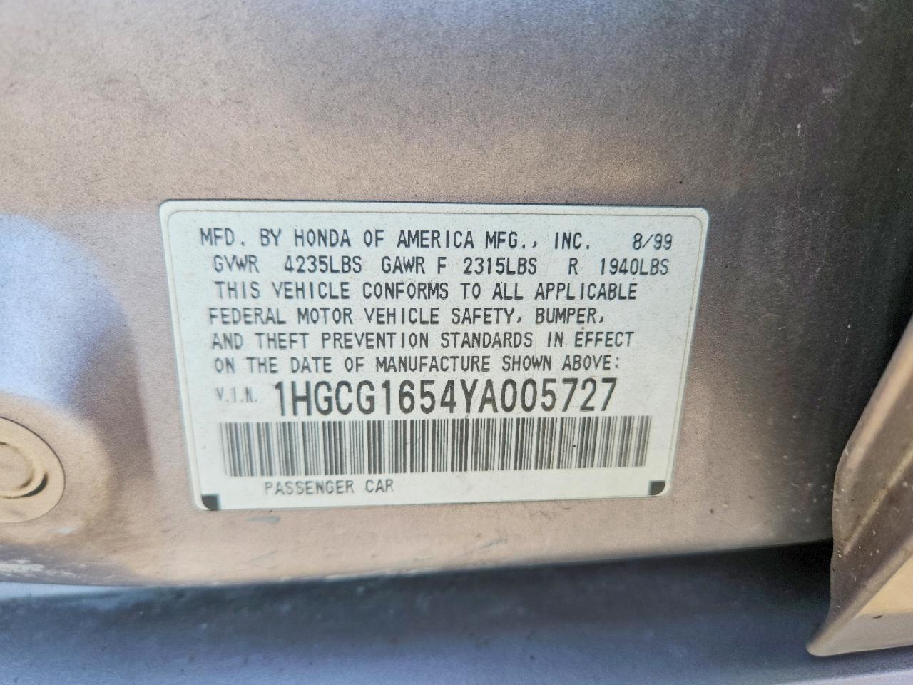 2000 Honda Accord Ex Silver vin: 1HGCG1654YA005727