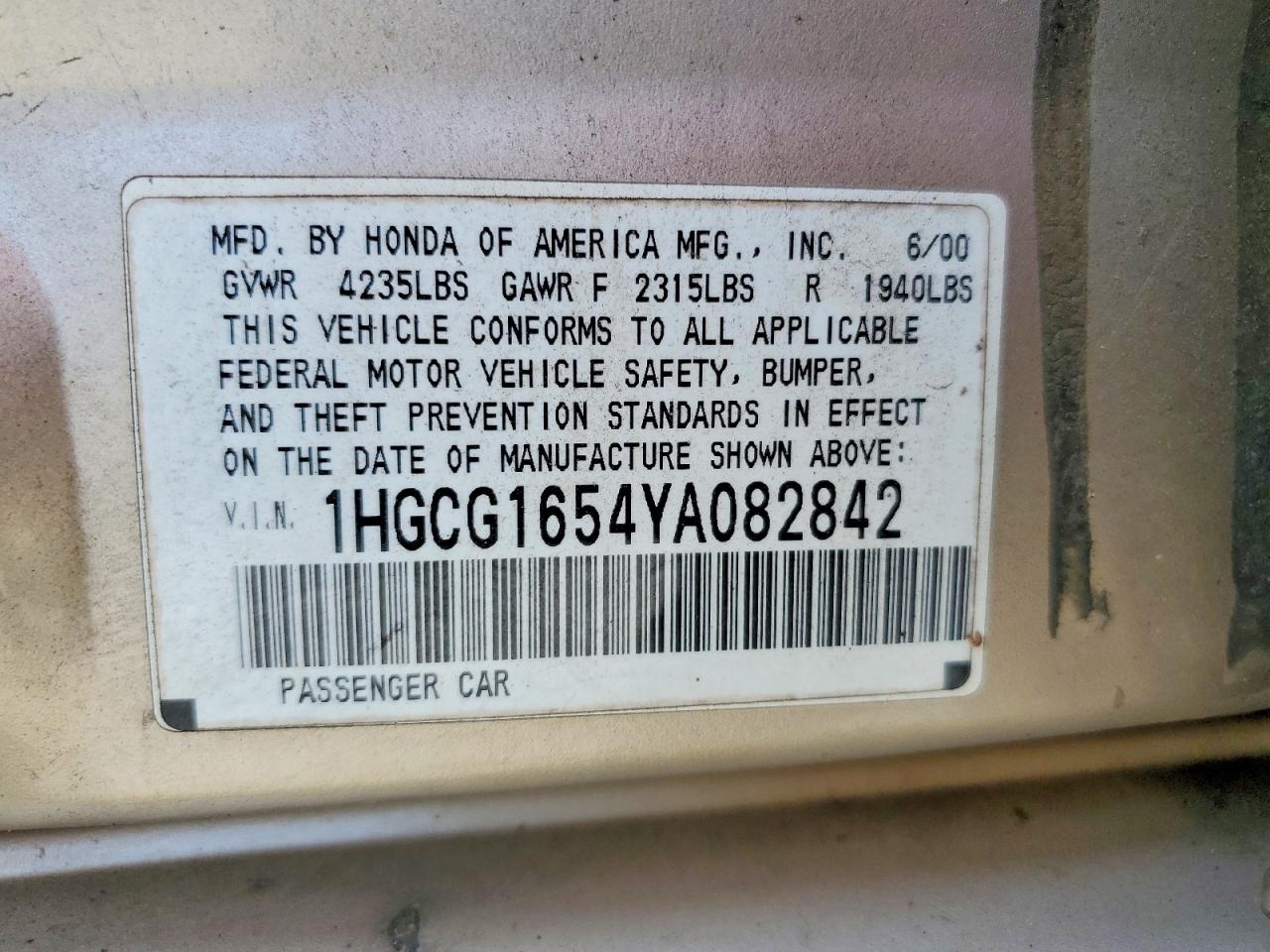 2000 Honda Accord Ex Tan vin: 1HGCG1654YA082842