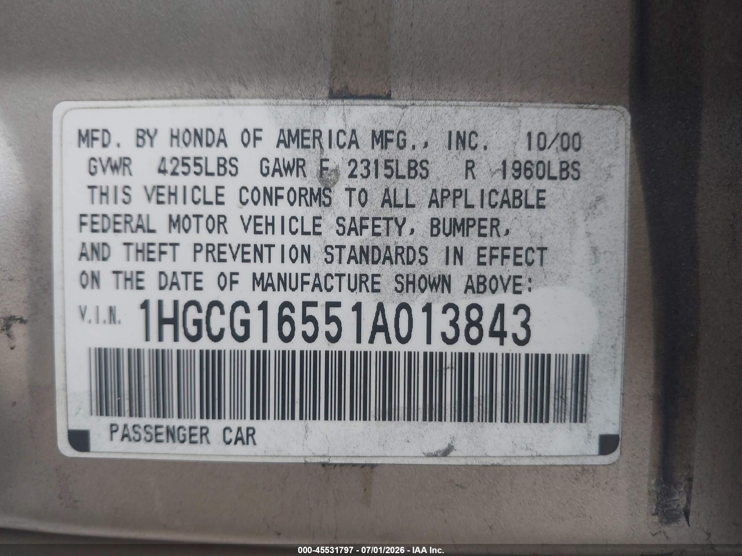 2001 Honda Accord 3.0 Ex Gold vin: 1HGCG16551A013843