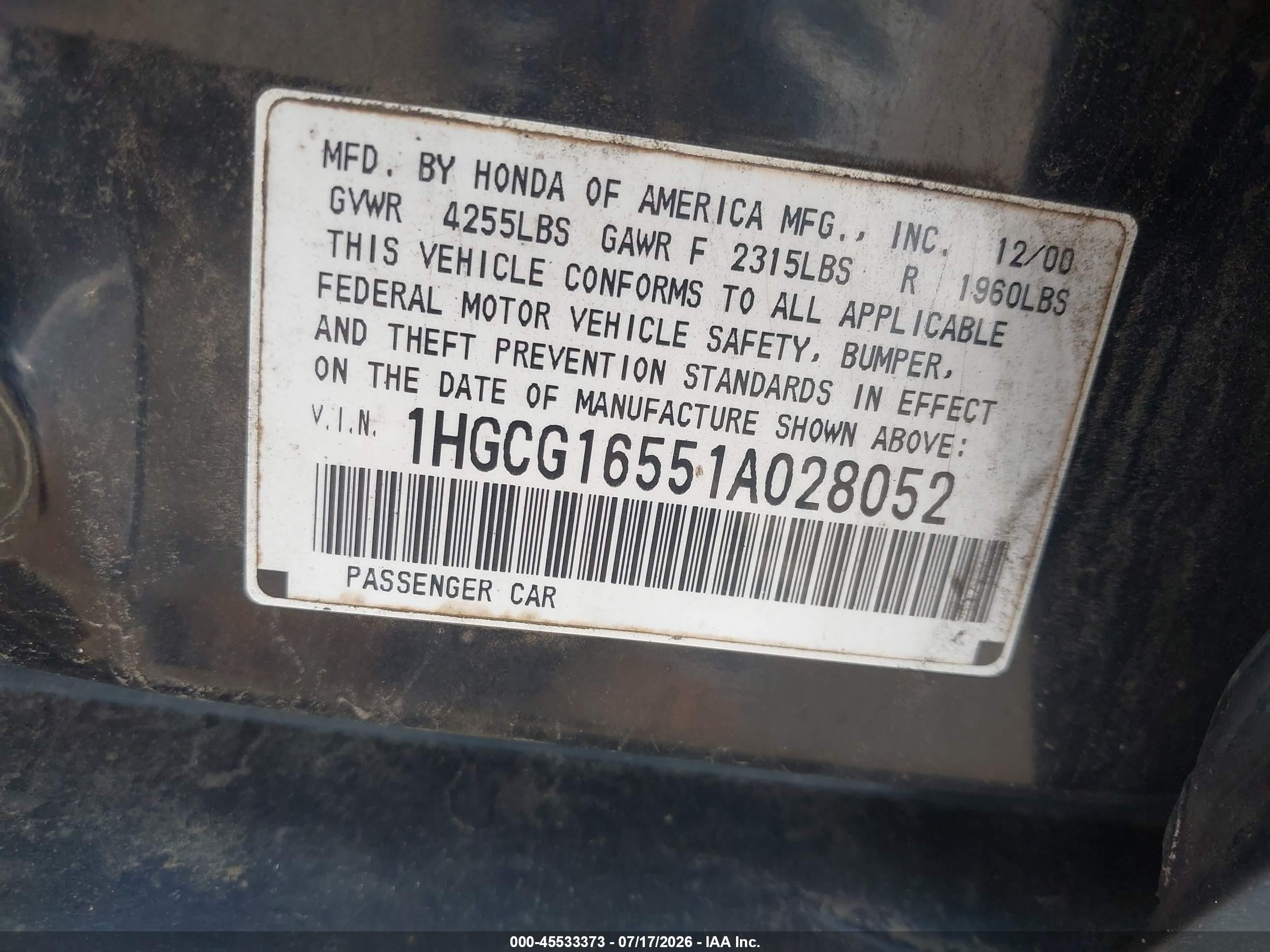 2001 Honda Accord 3.0 Ex Black vin: 1HGCG16551A028052