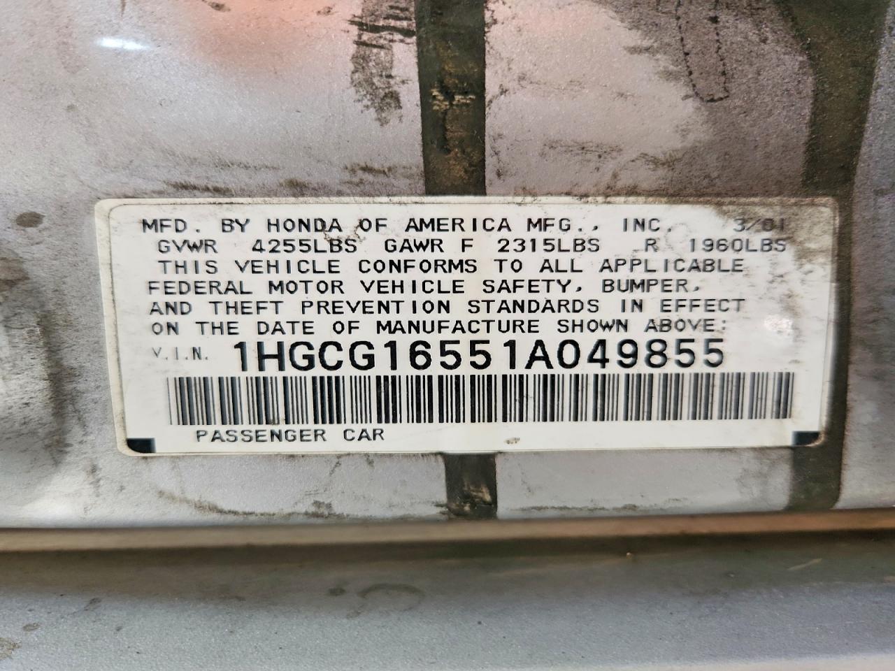 2001 Honda Accord Ex Серебряный vin: 1HGCG16551A049855