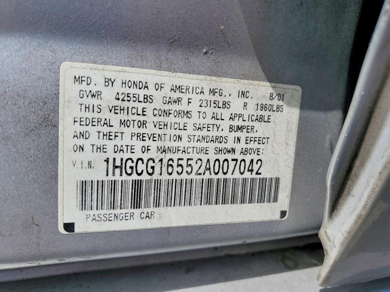2002 Honda Accord Ex Silver vin: 1HGCG16552A007042