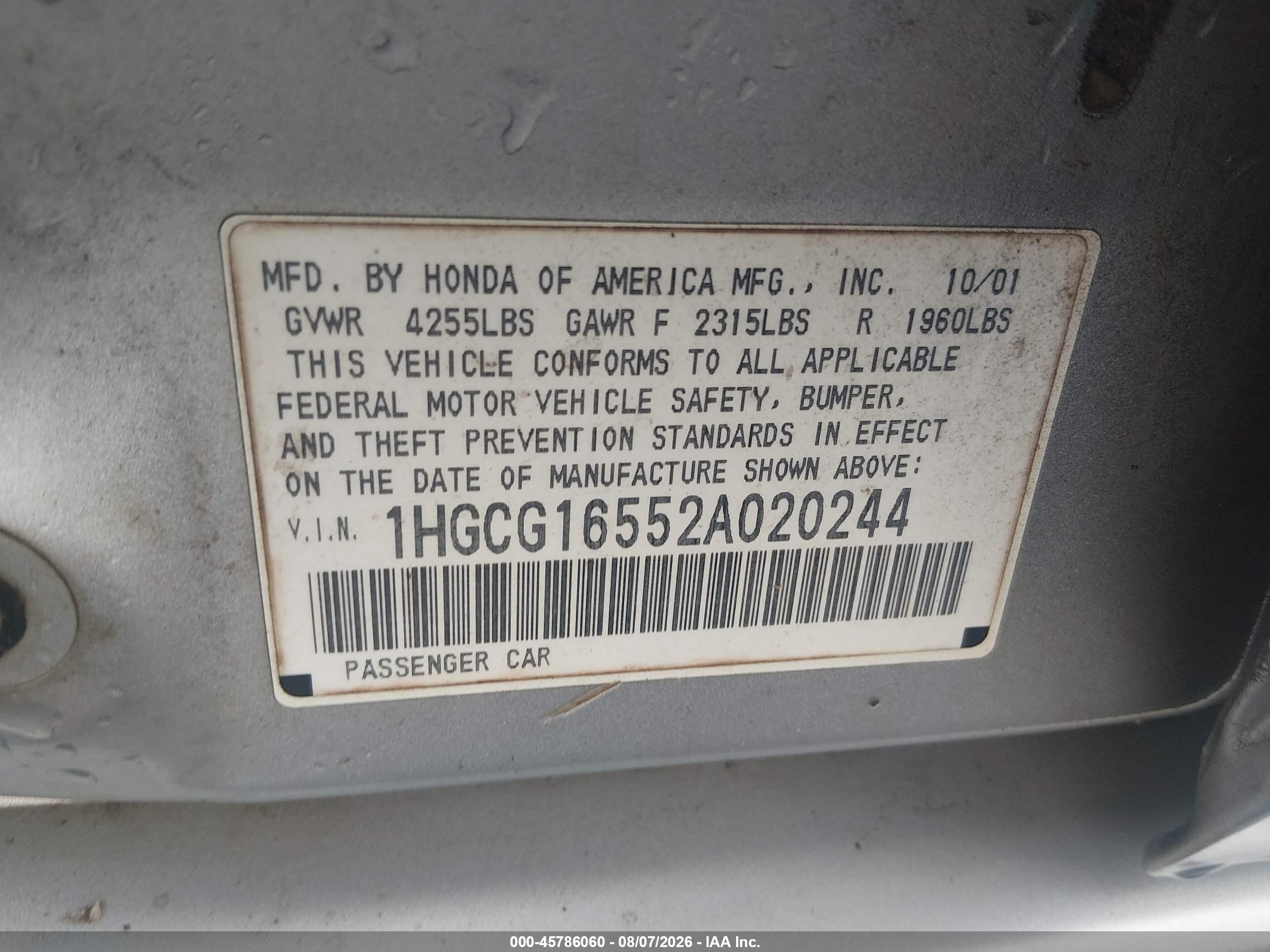 2002 Honda Accord 3.0 Ex Gray vin: 1HGCG16552A020244