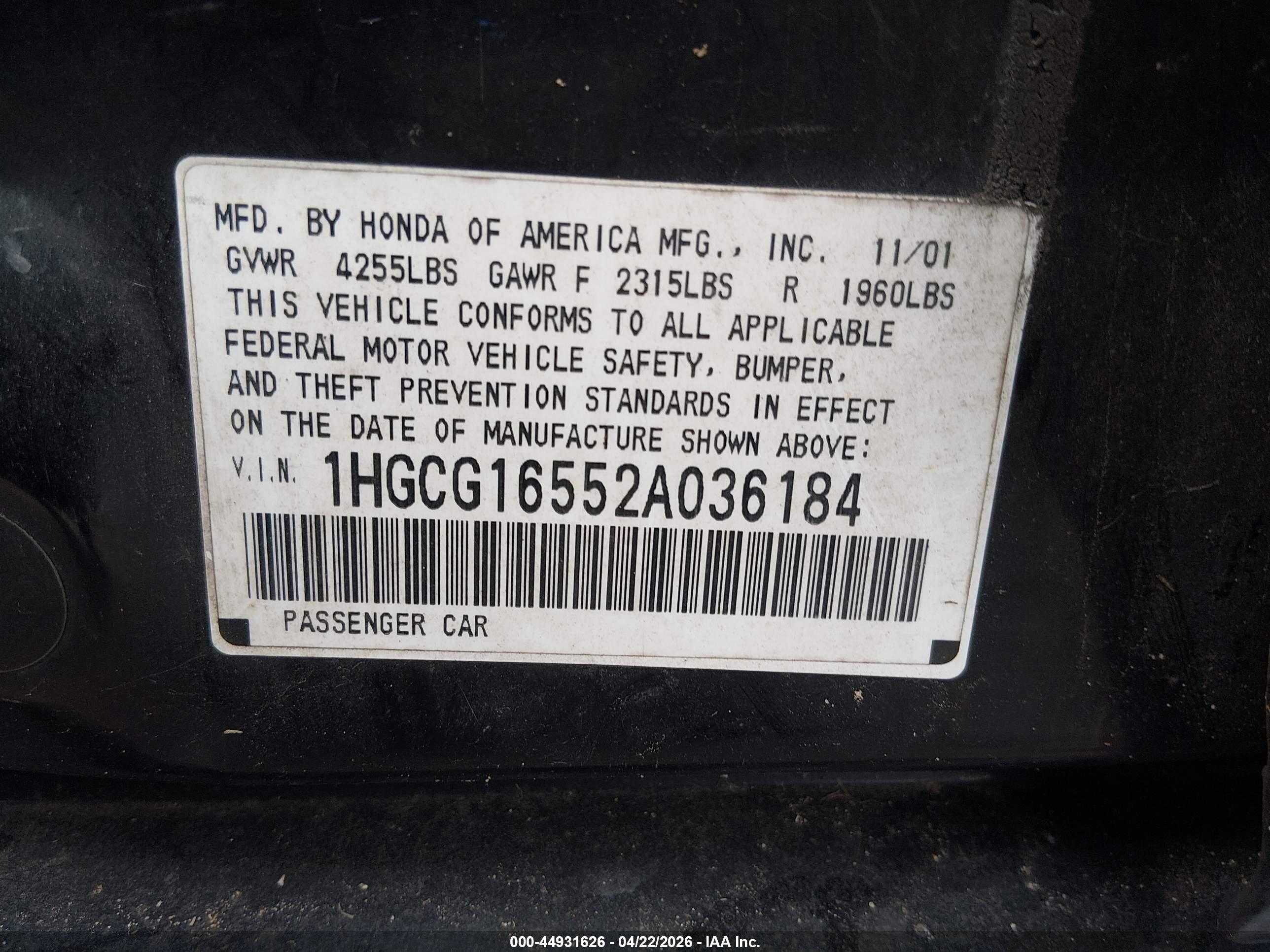 2002 Honda Accord 3.0 Ex Black vin: 1HGCG16552A036184