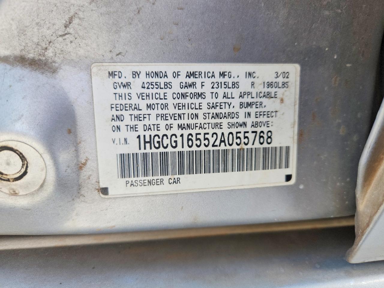 2002 Honda Accord Ex Silver vin: 1HGCG16552A055768
