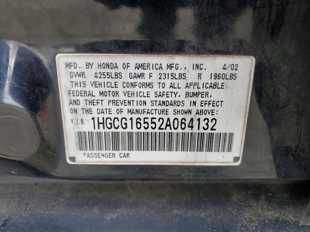 2002 Honda Accord Ex Черный vin: 1HGCG16552A064132