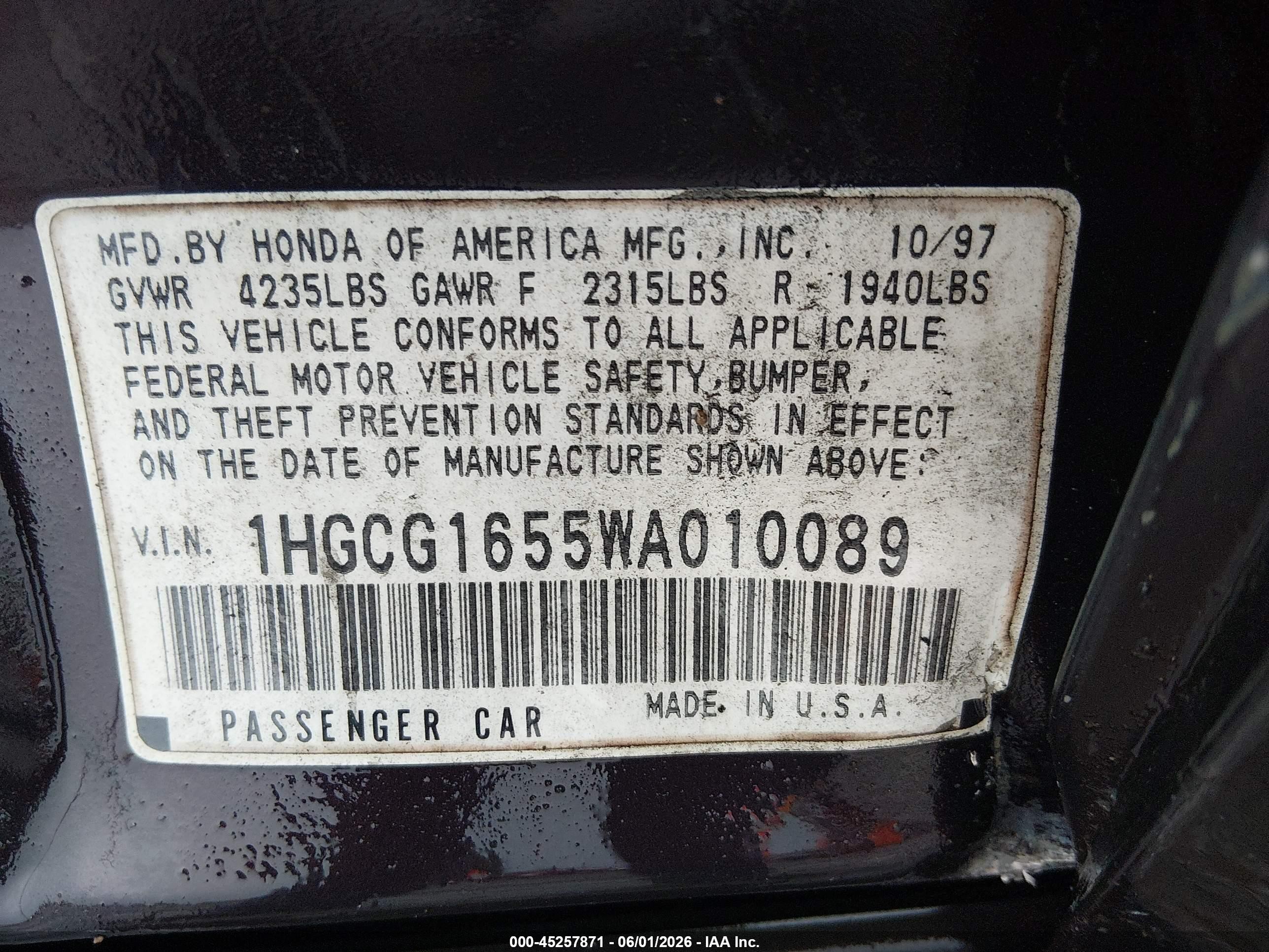 1998 Honda Accord Ex V6 Purple vin: 1HGCG1655WA010089