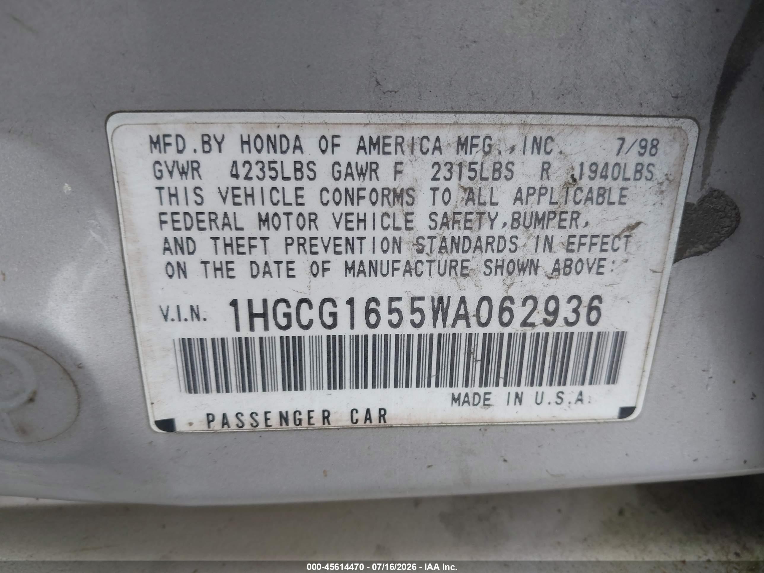 1998 Honda Accord Ex V6 Silver vin: 1HGCG1655WA062936