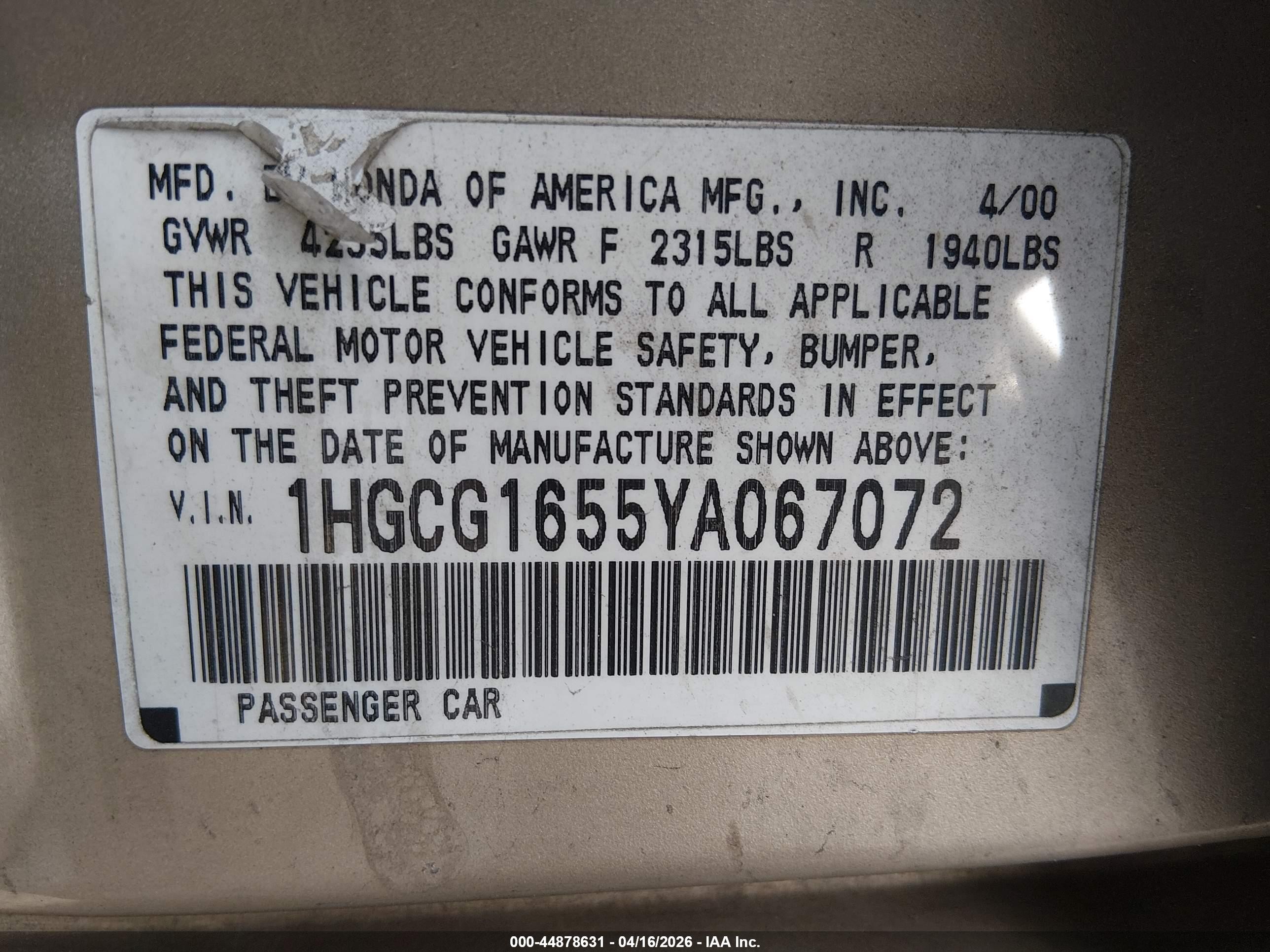 2000 Honda Accord 3.0 Ex Gold vin: 1HGCG1655YA067072