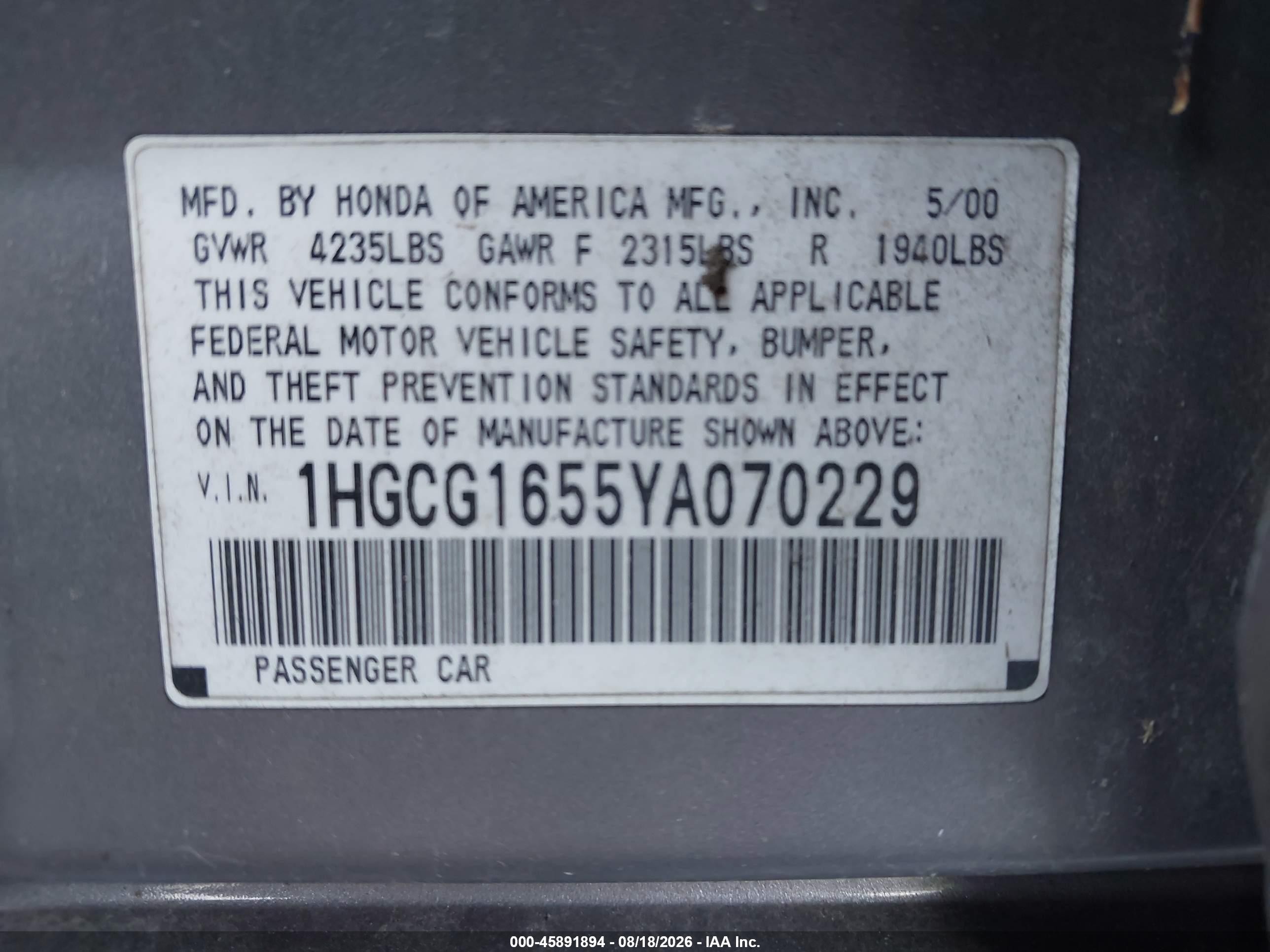 2000 Honda Accord 3.0 Ex Бежевый vin: 1HGCG1655YA070229