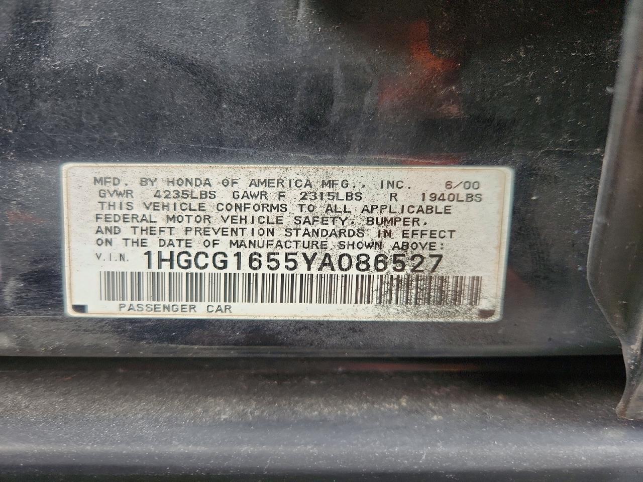 2000 Honda Accord Ex Black vin: 1HGCG1655YA086527