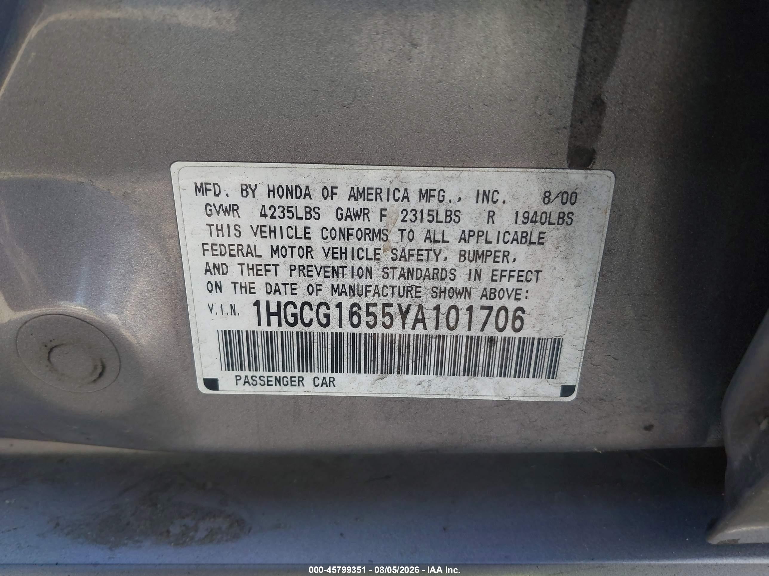 2000 Honda Accord 3.0 Ex Gray vin: 1HGCG1655YA101706