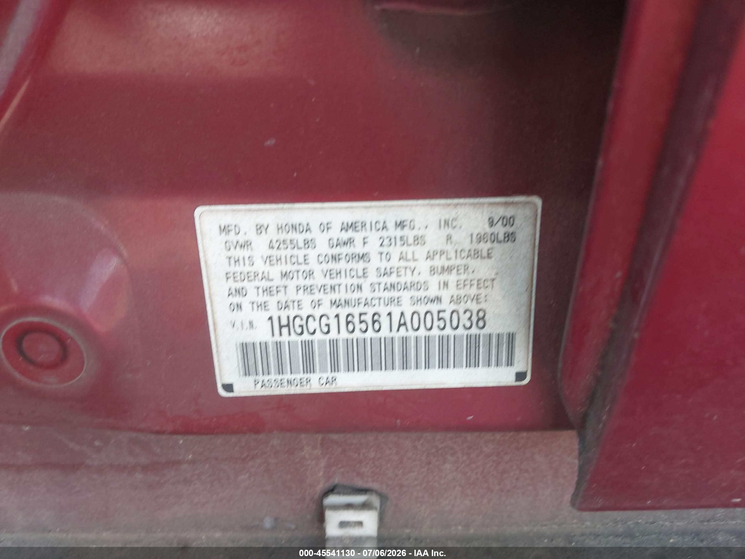 2001 Honda Accord 3.0 Ex Red vin: 1HGCG16561A005038