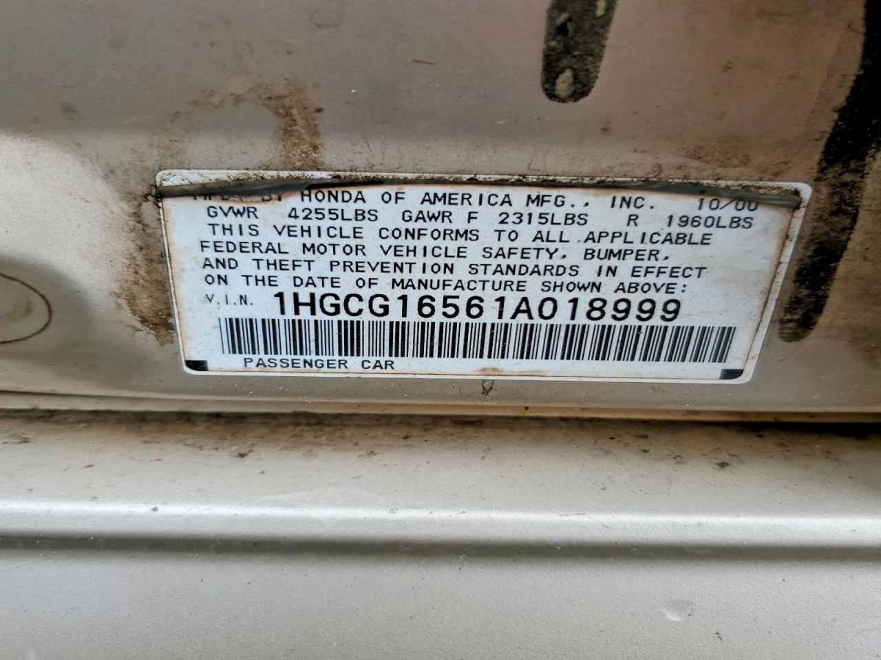 2001 Honda Accord Ex Beige vin: 1HGCG16561A018999