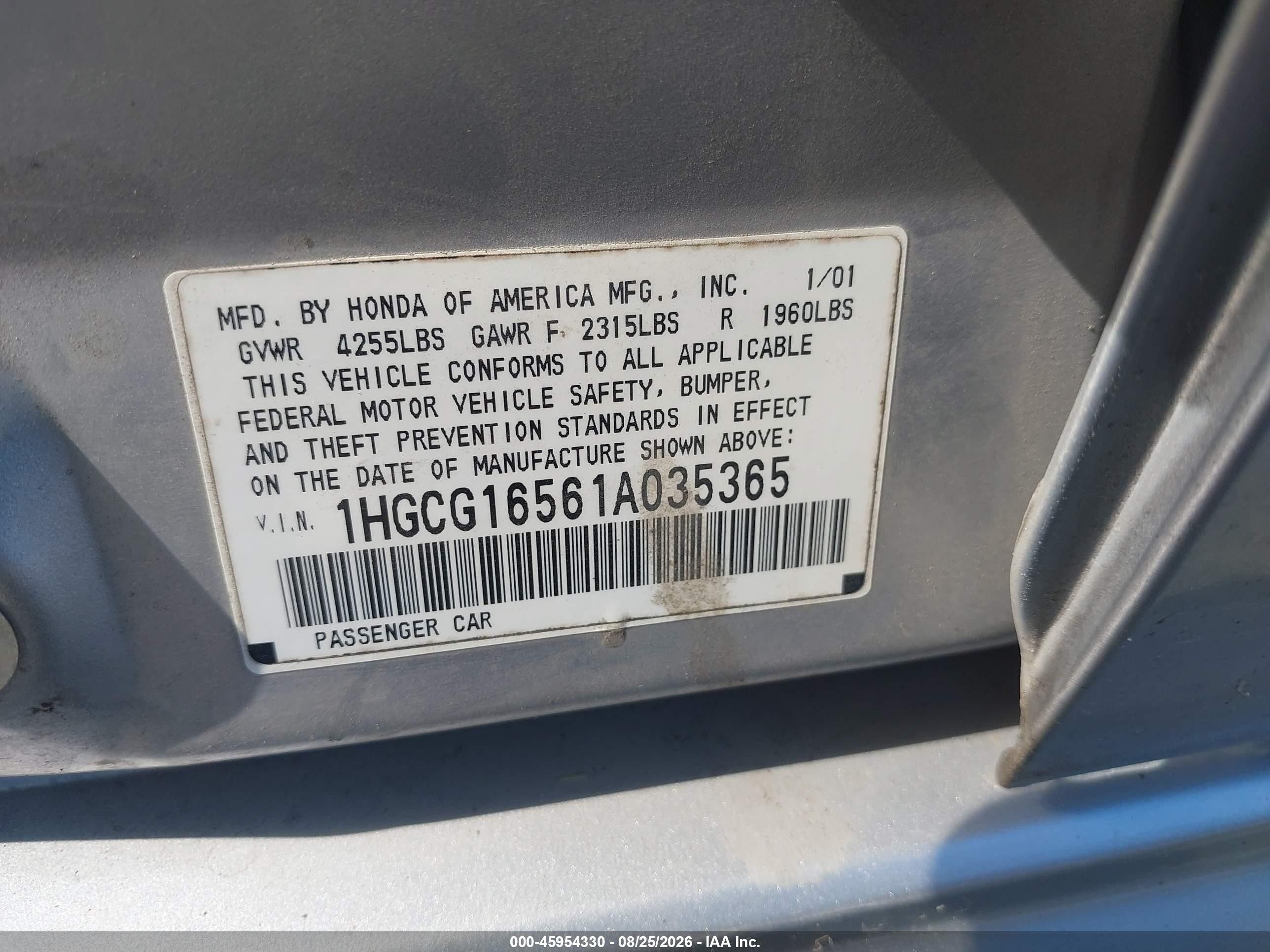 2001 Honda Accord 3.0 Ex Silver vin: 1HGCG16561A035365