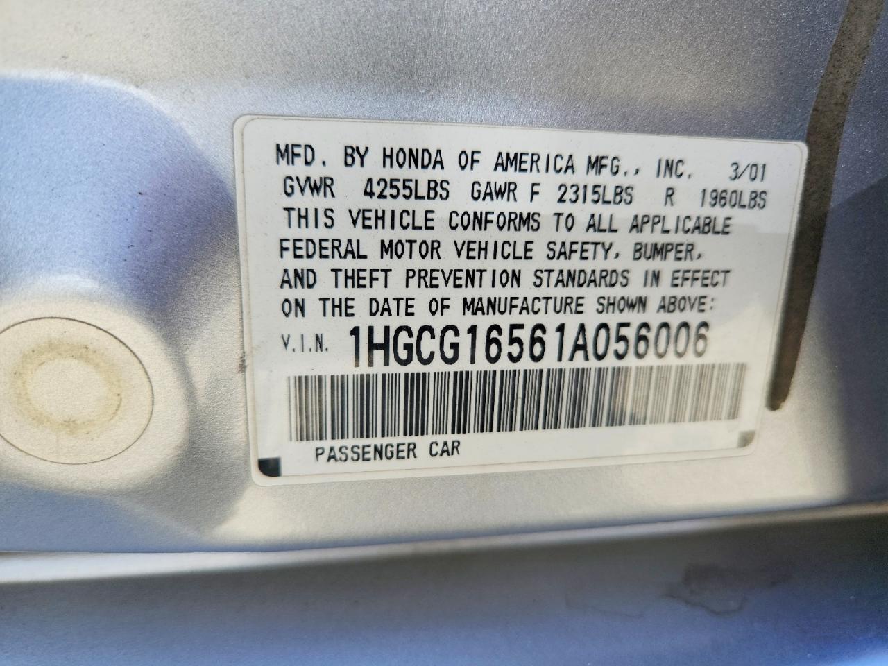 2001 Honda Accord Ex Серебряный vin: 1HGCG16561A056006