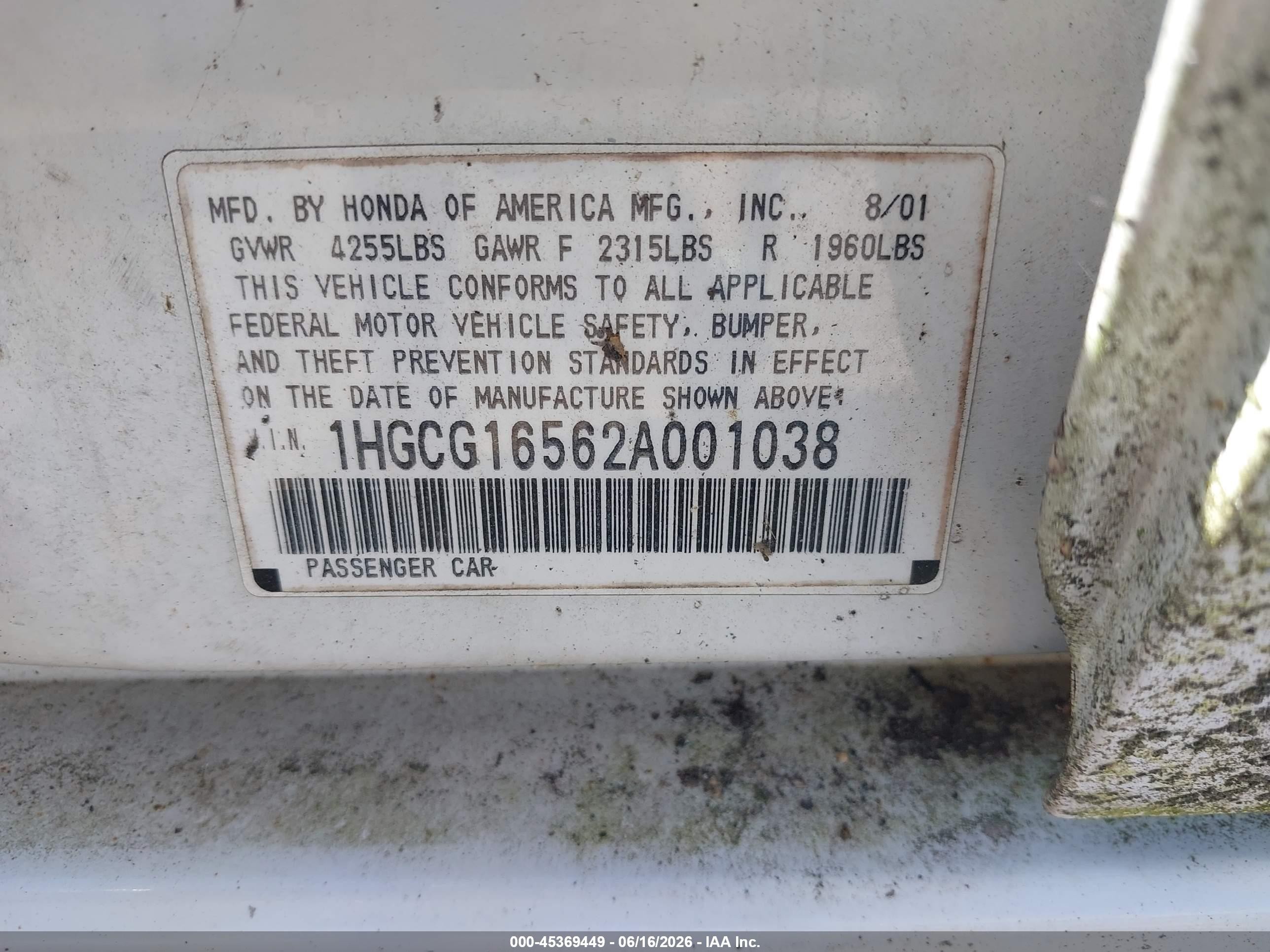 2002 Honda Accord Ex White vin: 1HGCG16562A001038