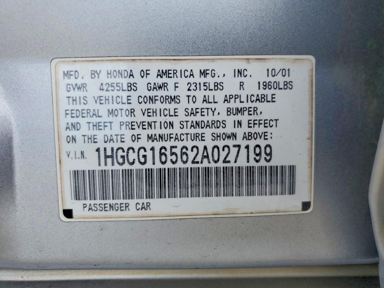 2002 Honda Accord Ex Silver vin: 1HGCG16562A027199