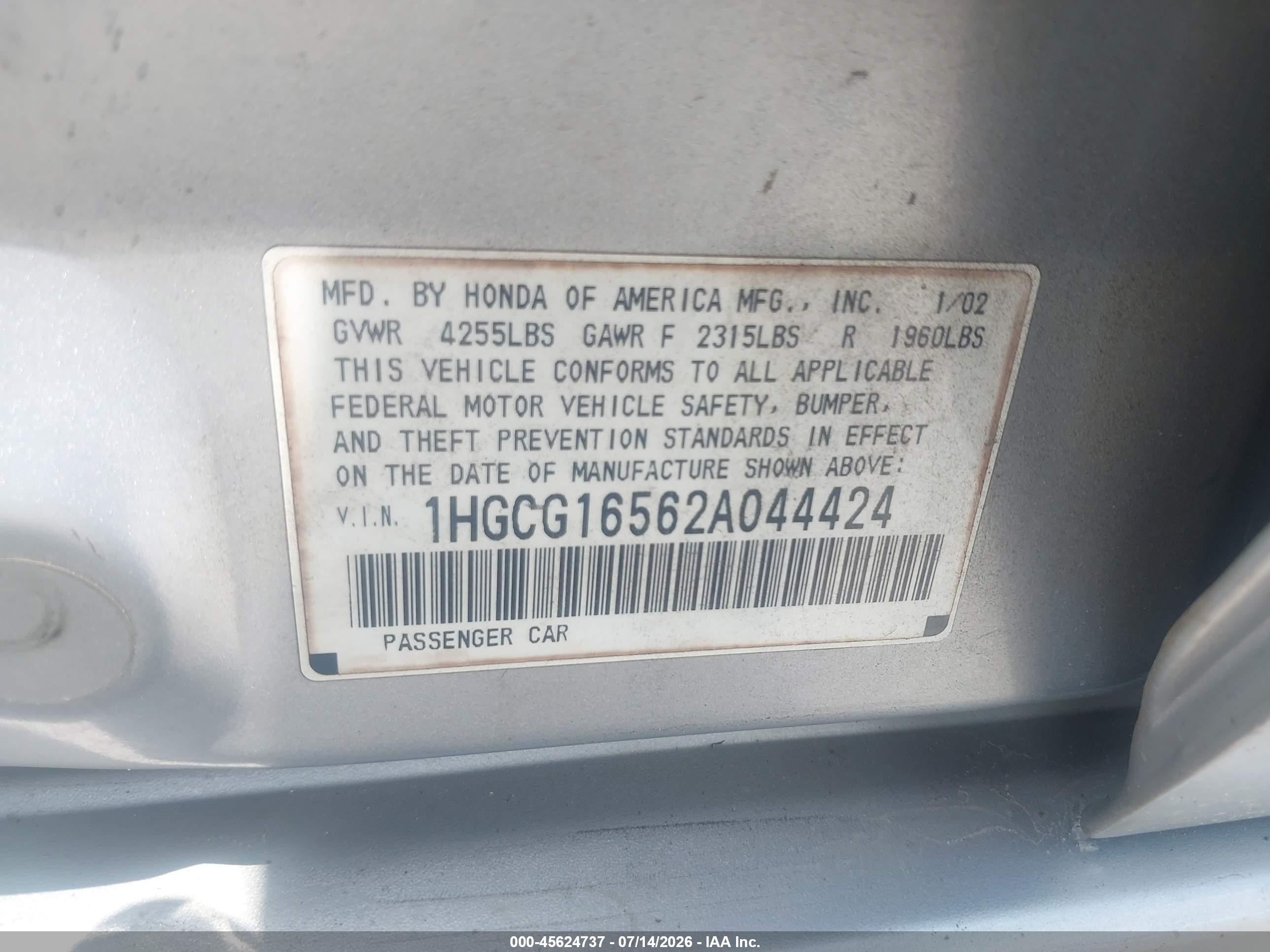2002 Honda Accord 3.0 Ex Silver vin: 1HGCG16562A044424