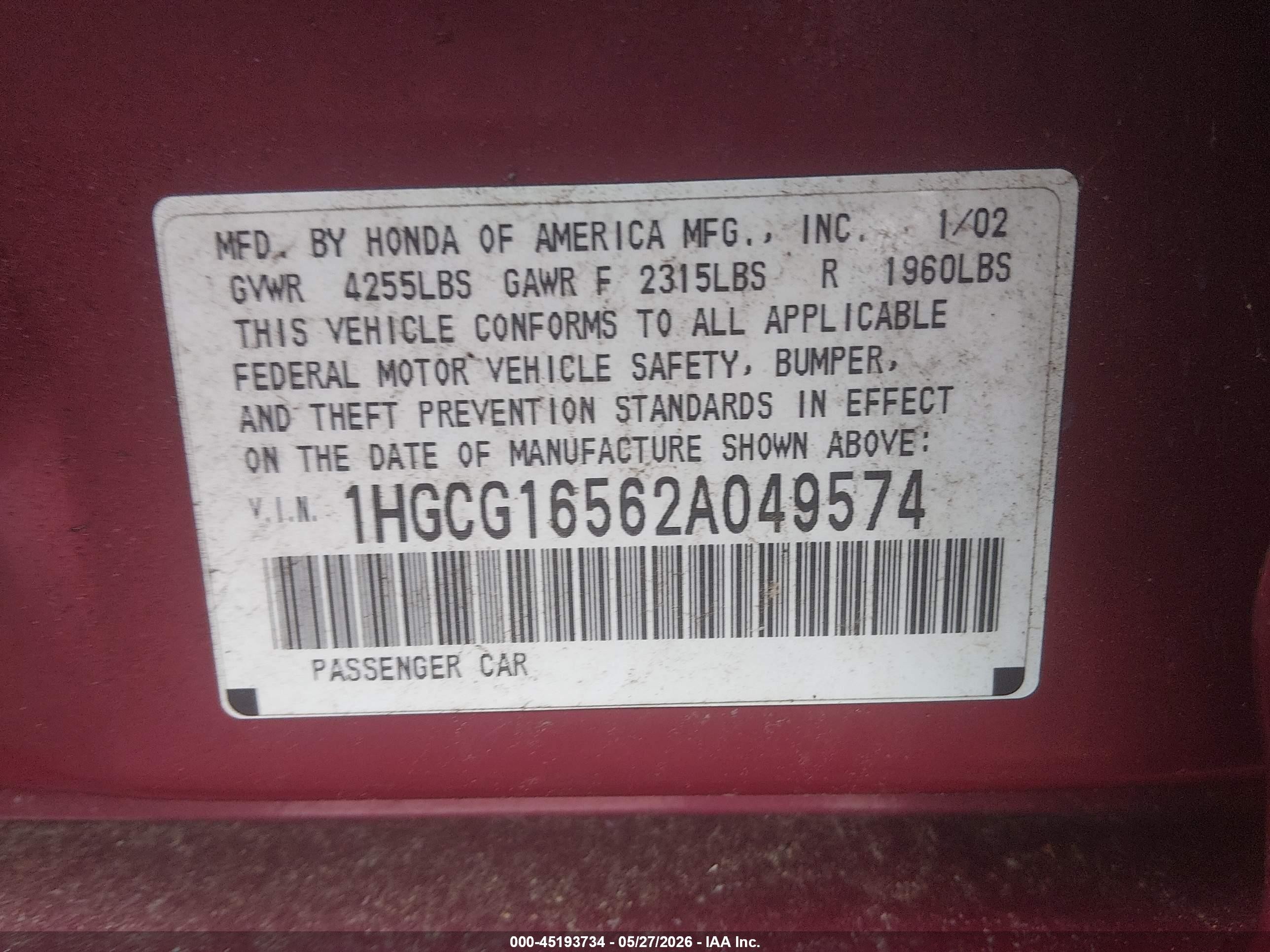2002 Honda Accord 3.0 Ex Red vin: 1HGCG16562A049574