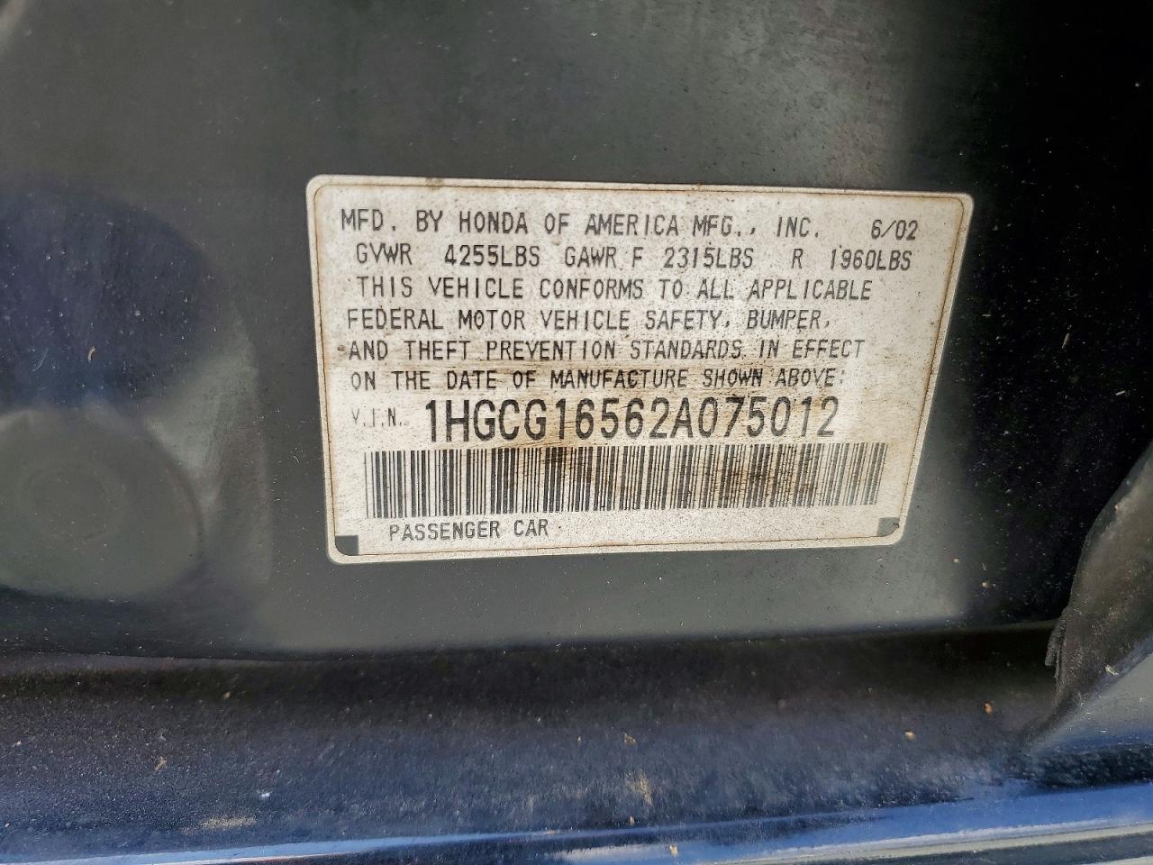 2002 Honda Accord Ex Charcoal vin: 1HGCG16562A075012