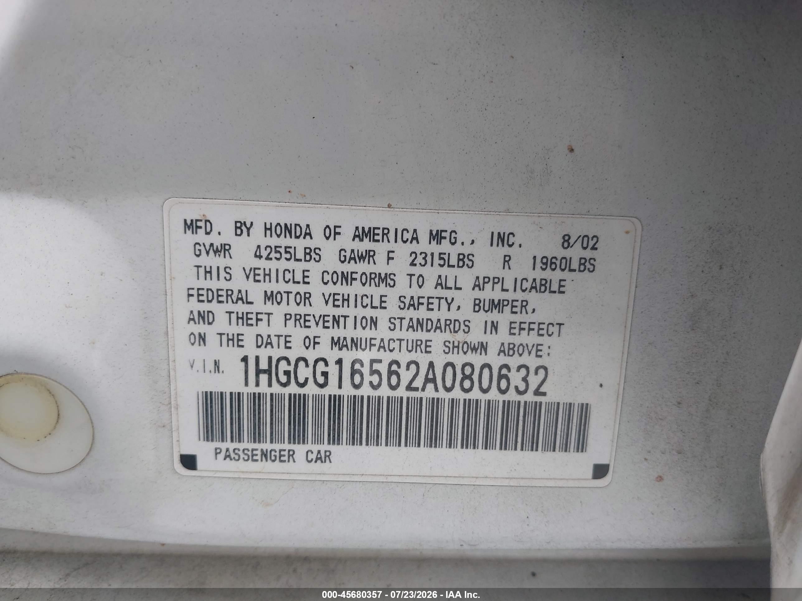 2002 Honda Accord 3.0 Ex Белый vin: 1HGCG16562A080632