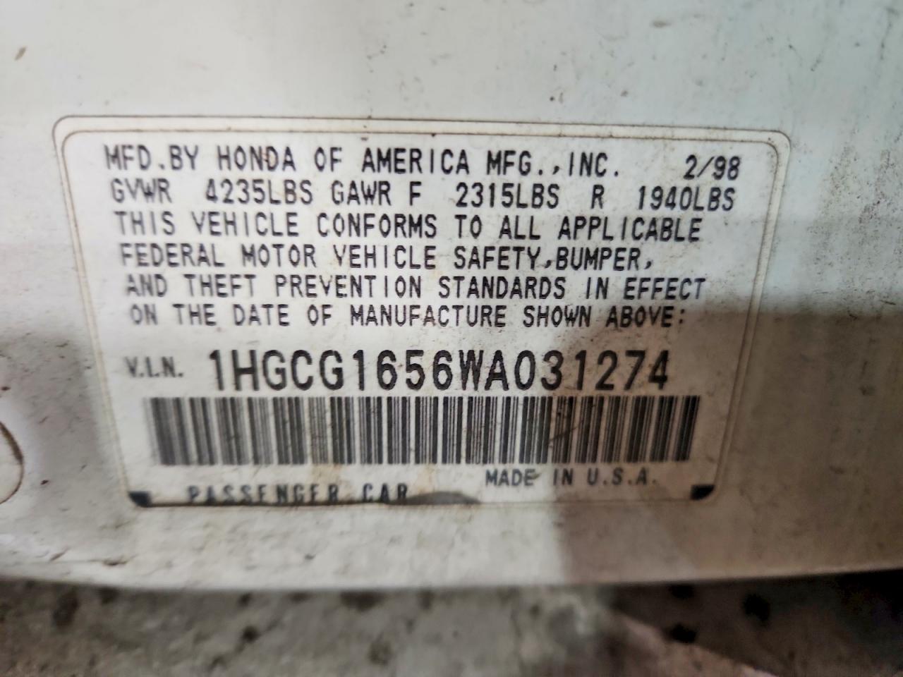 1998 Honda Accord Ex White vin: 1HGCG1656WA031274