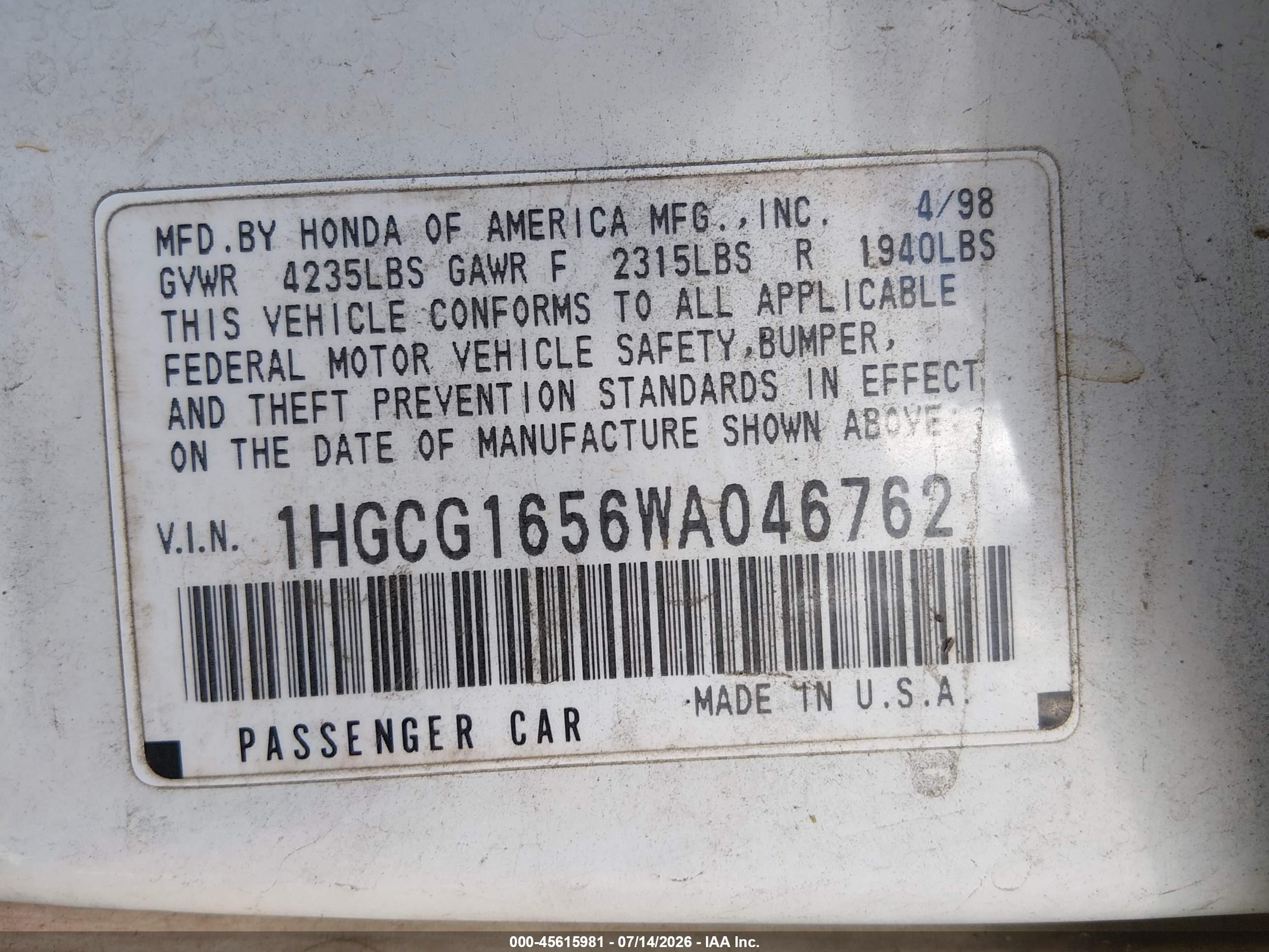 1998 Honda Accord Ex V6 Белый vin: 1HGCG1656WA046762