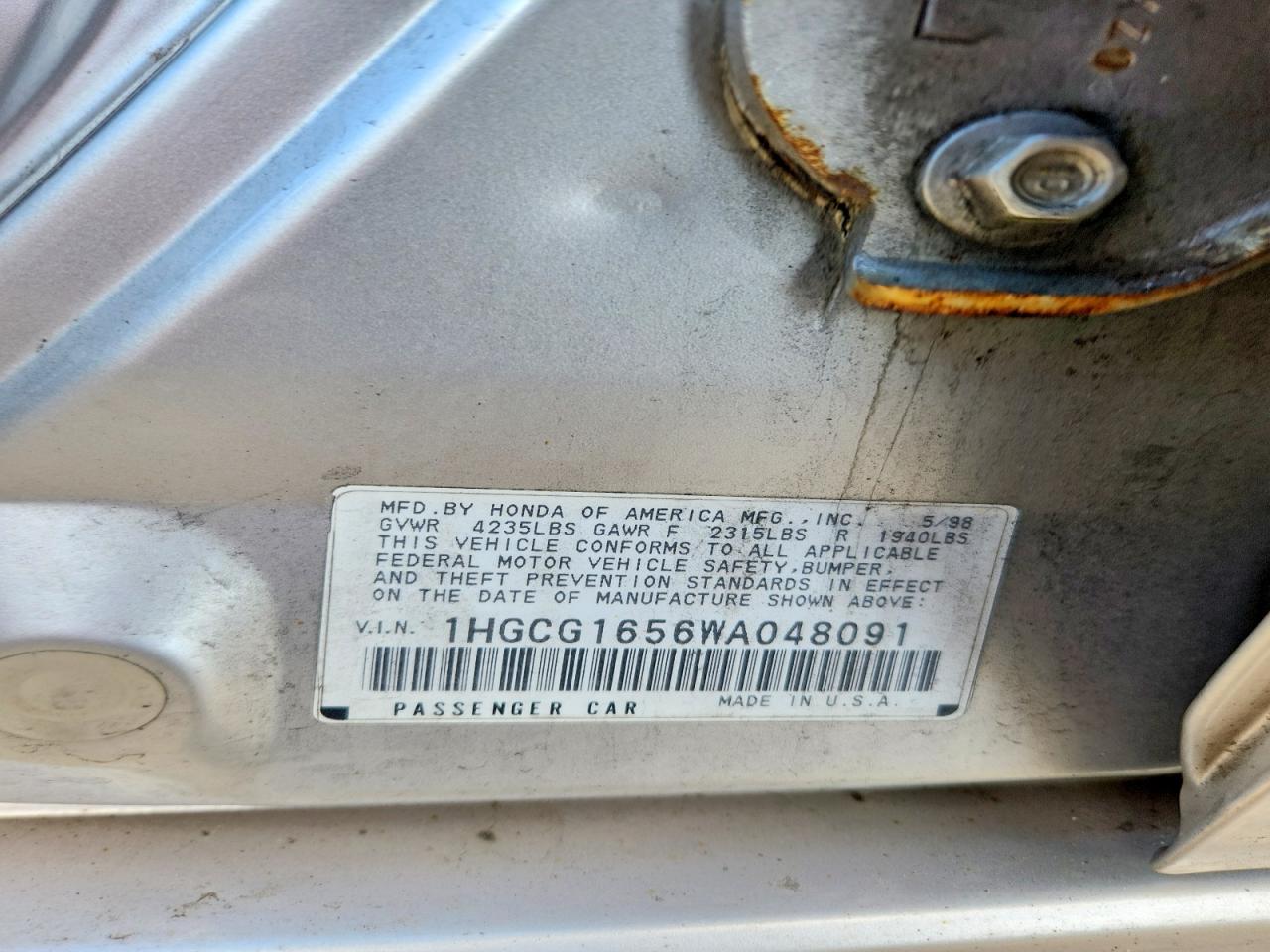 1998 Honda Accord Ex Бежевый vin: 1HGCG1656WA048091