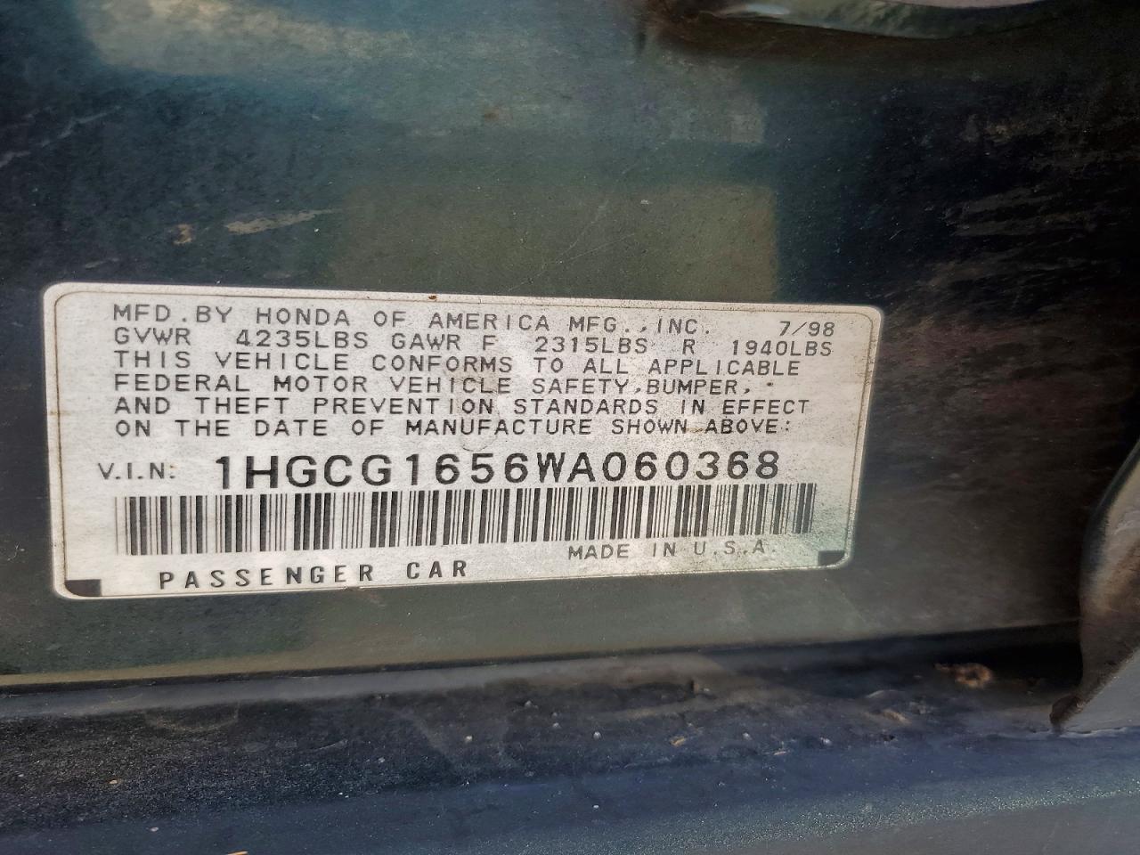 1998 Honda Accord Ex Черный vin: 1HGCG1656WA060368