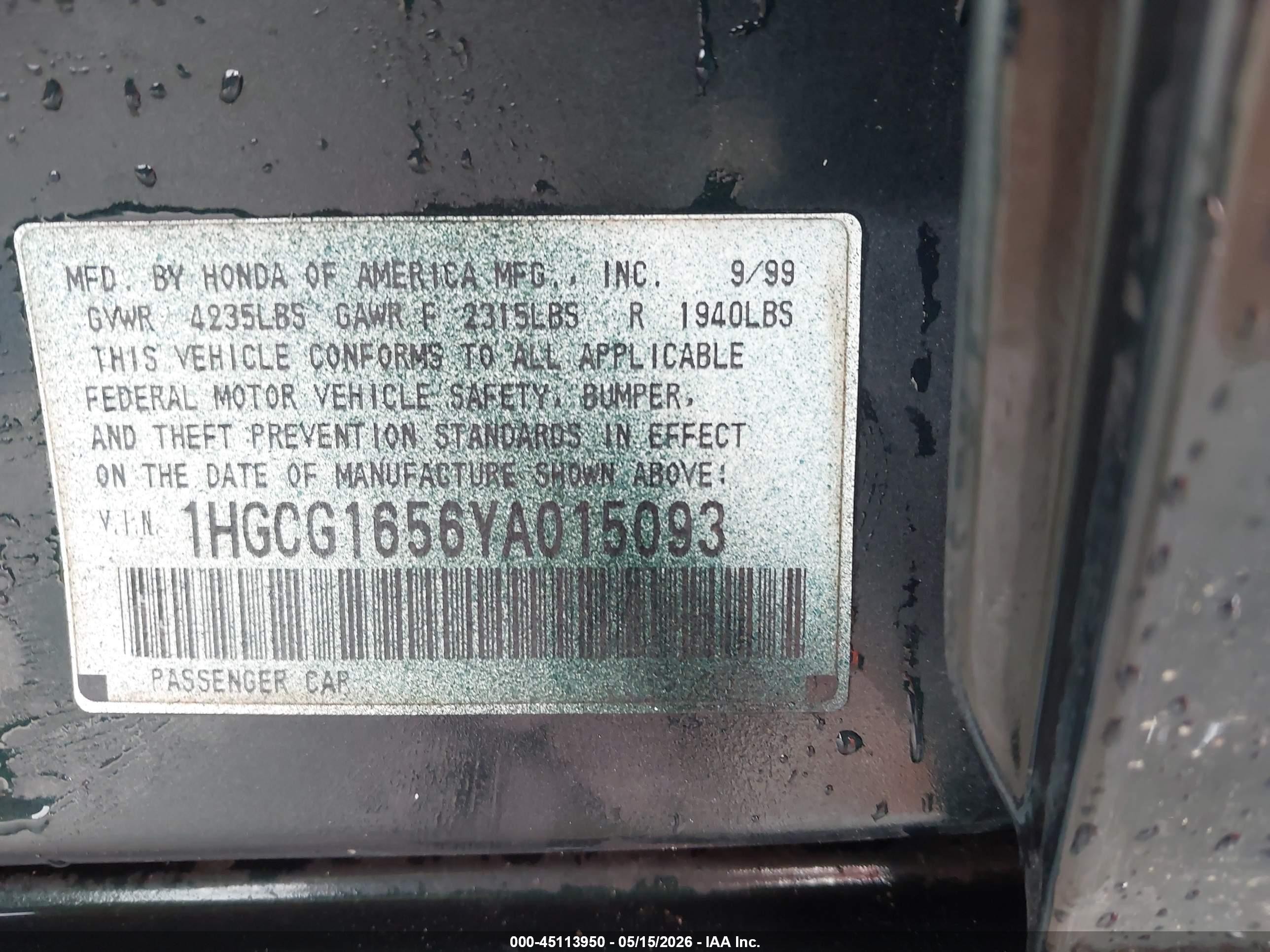 2000 Honda Accord 3.0 Ex Black vin: 1HGCG1656YA015093