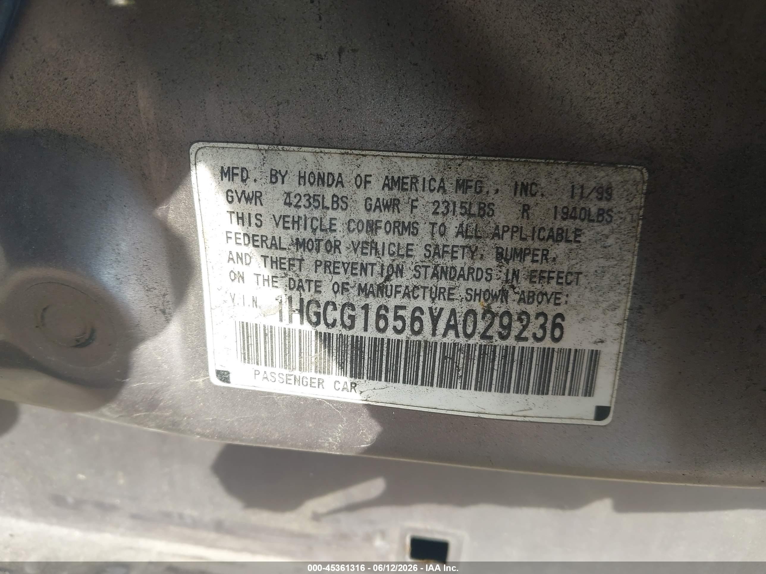 2000 Honda Accord 3.0 Ex Gold vin: 1HGCG1656YA029236