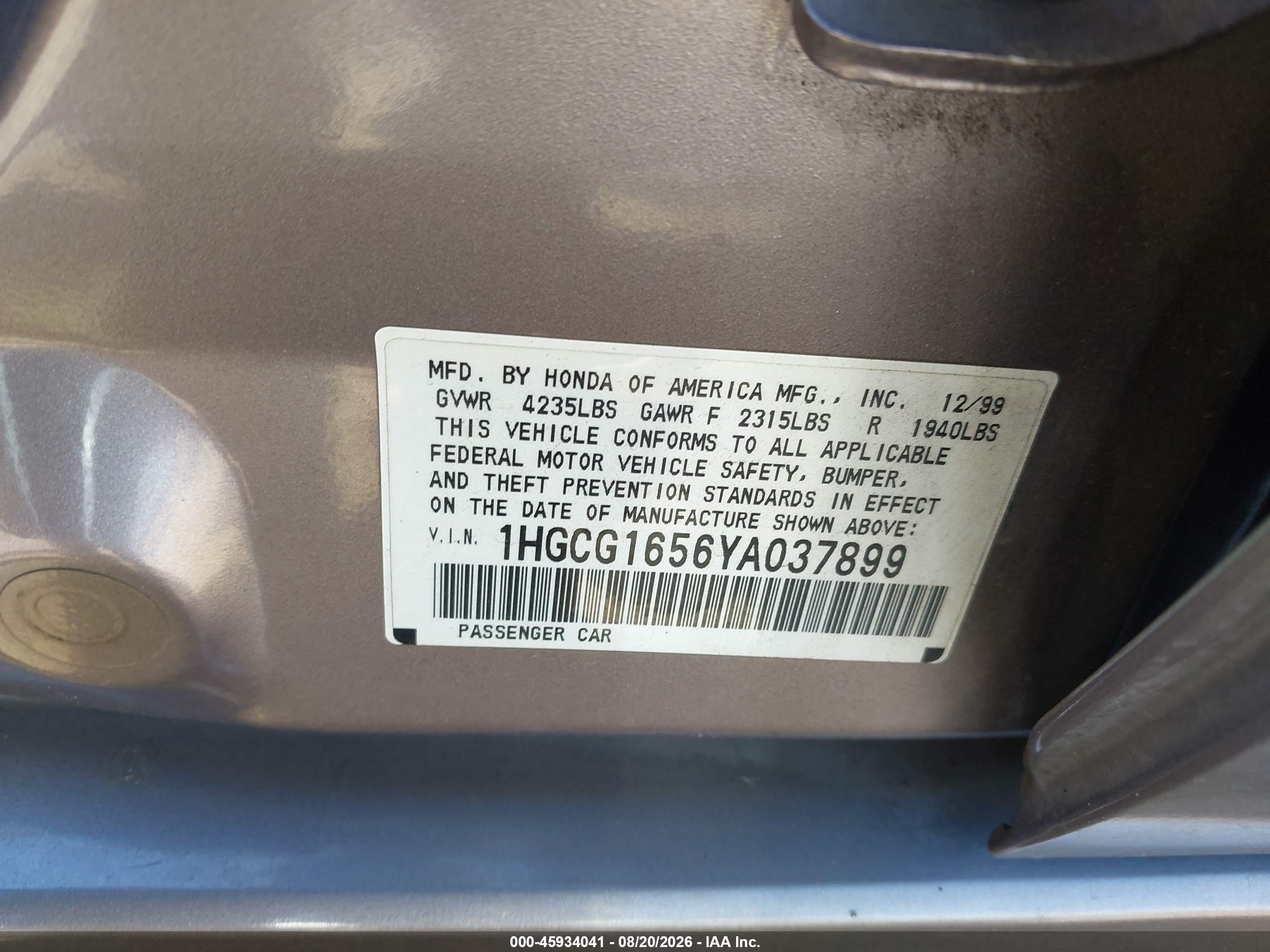 2000 Honda Accord 3.0 Ex Silver vin: 1HGCG1656YA037899