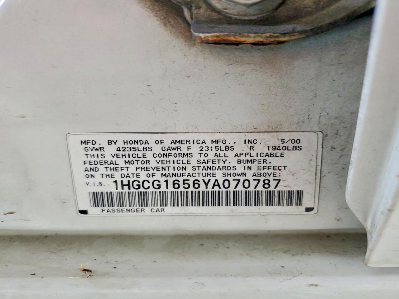 2000 Honda Accord Ex Белый vin: 1HGCG1656YA070787