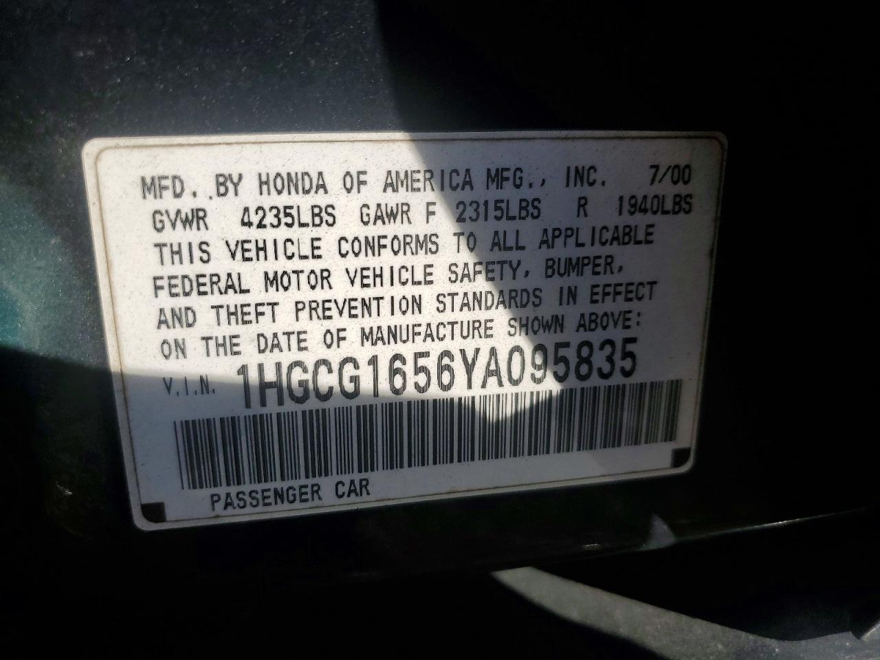 2000 Honda Accord Ex Green vin: 1HGCG1656YA095835
